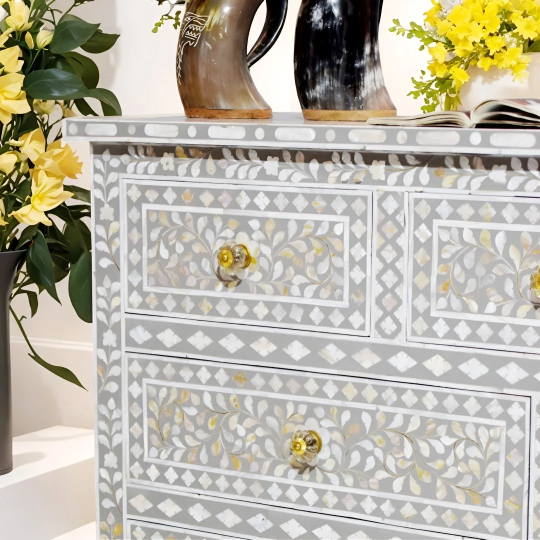 Seven Drawer Dresser In Floral Pattern crafted with Mother of Pearl