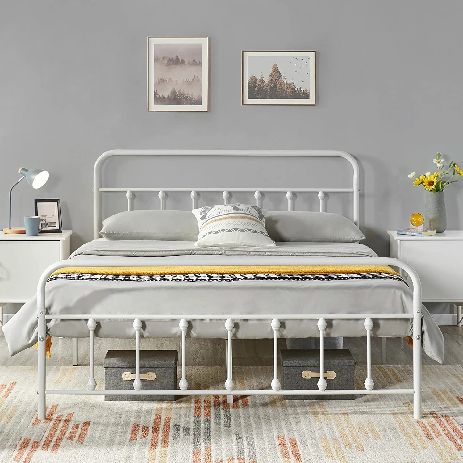 Classic Metal Platform Bed Frame Mattress Foundation with Victorian Style Iron-Art Headboard/Footboard/Under Bed Storage/No Box Spring Needed/Queen Size White