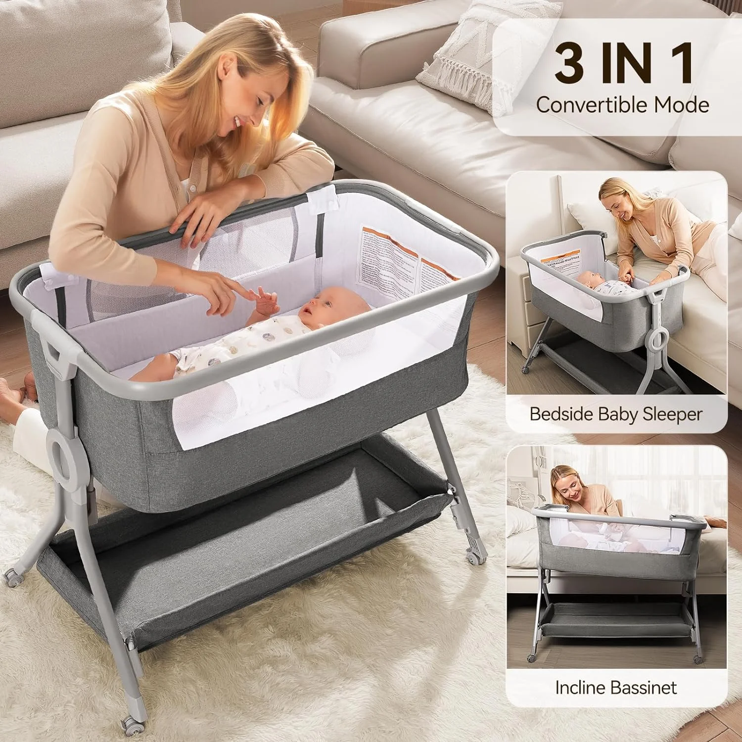 3 in 1 Baby Bassinet Bedside Sleeper, Breathable Mesh Safe Bedside Bassinet for Baby, Easy Assemble & Folding Portable Bassinet, 5 Height Adjustable Bedside Crib with Storage Basket, Mattress, Wheels