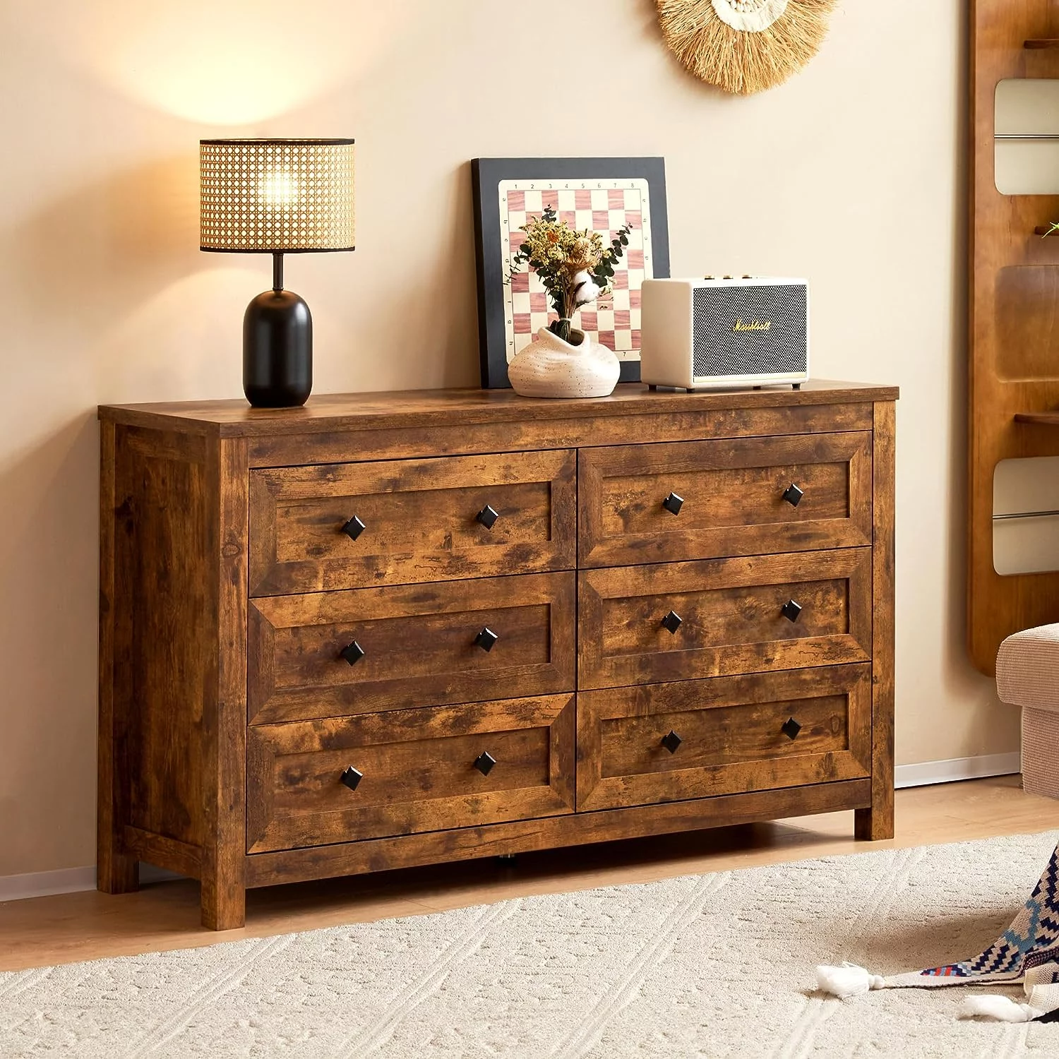 6 Drawers Dresser for Bedroom, Farmhouse Wood Chest of Drawers with Vintage Grain Texture, Drawer Double Dresser for Bedroom, Living Room, Hallway, Rustic Brown