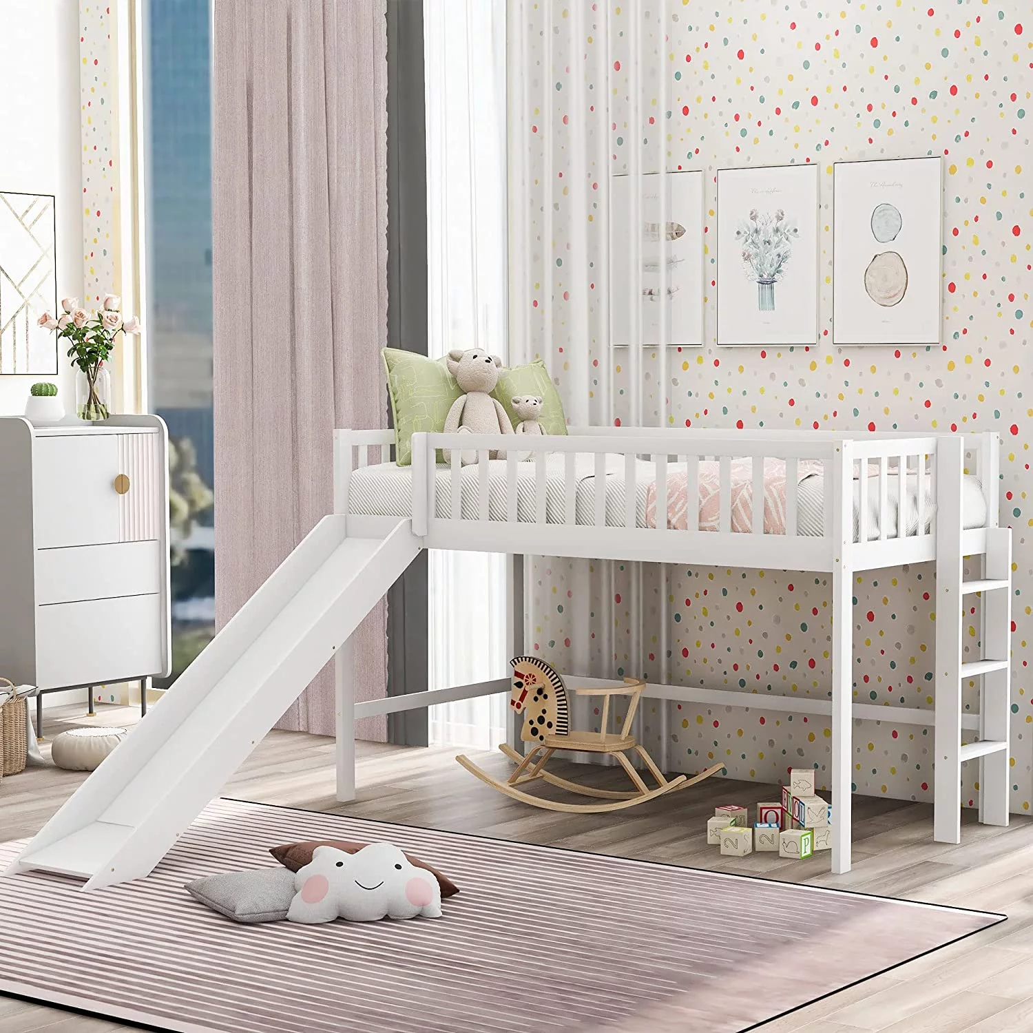 OUWI Twin Size Loft Bed for Kids,Low Loft Bed with Slide and Ladder,Wood Loft Bed Twin for Girls Boys,White