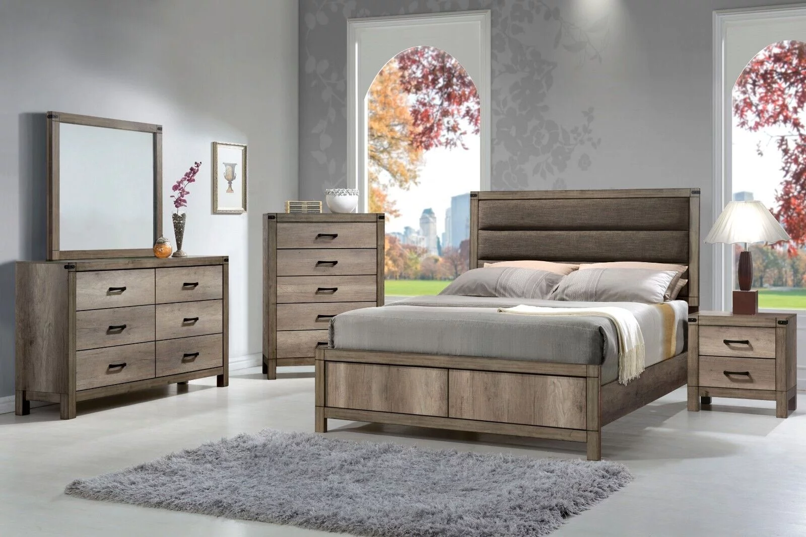 Contemporary 4pc Bedroom Set Upholstered Full Size Bed Dresser Mirror and Nightstand Light Brown Wood Finish Furniture