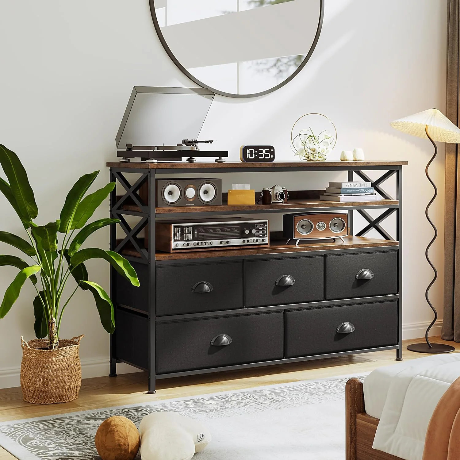 Dresser TV Stand up to 55 Inch for Bedroom Entertainment Center with Fabric Drawers Media Console Table with Wood Open Shelves Storage Drawer Dresser for Bedroom, Living Room, Entryway, Black