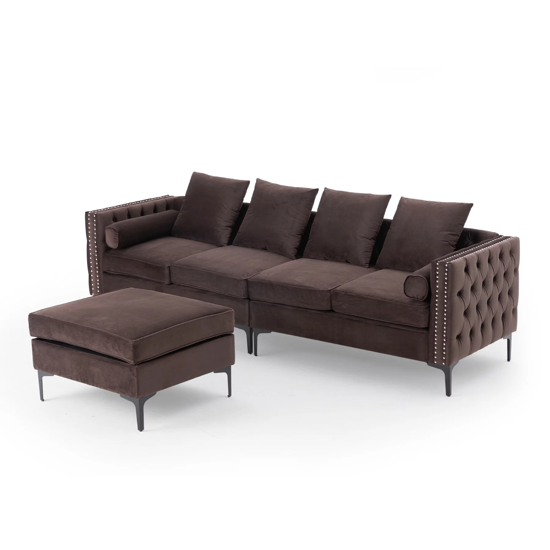 HOMREST 4-Seat Sectional Sleeper Sofa Set with Storage Ottoman, L-Shaped Dutch Velvet Couch Bed for Living Room -Brown