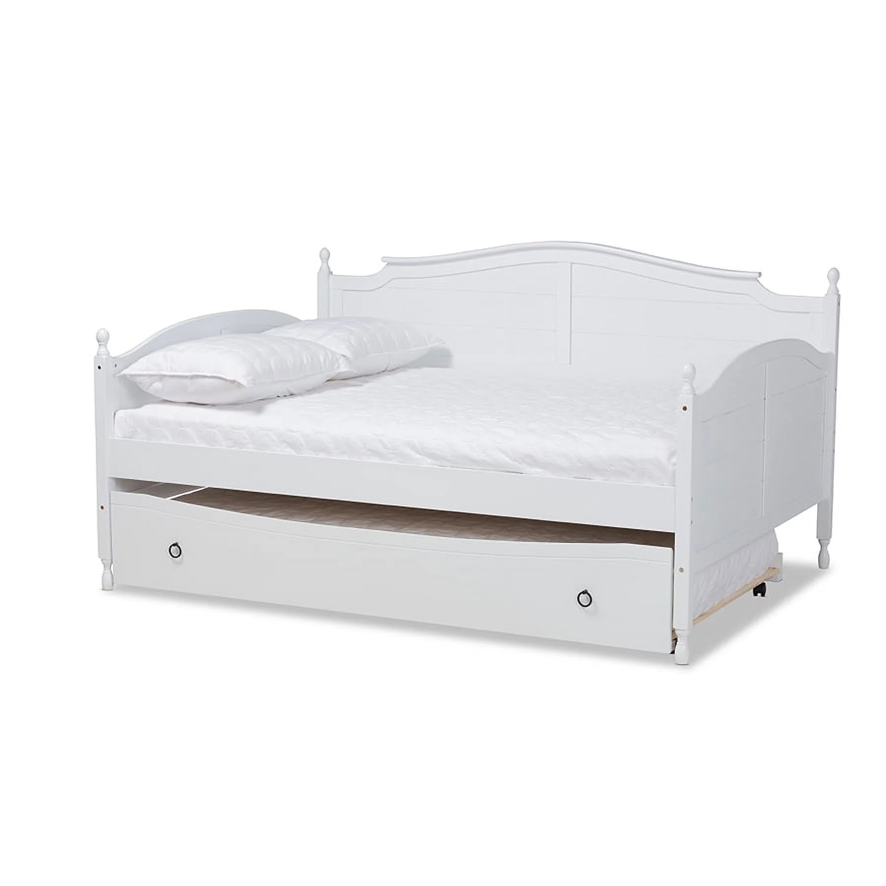 Baxton Studio Mara Cottage Farmhouse White Finished Wood Full Size Daybed with Roll-out Trundle Bed