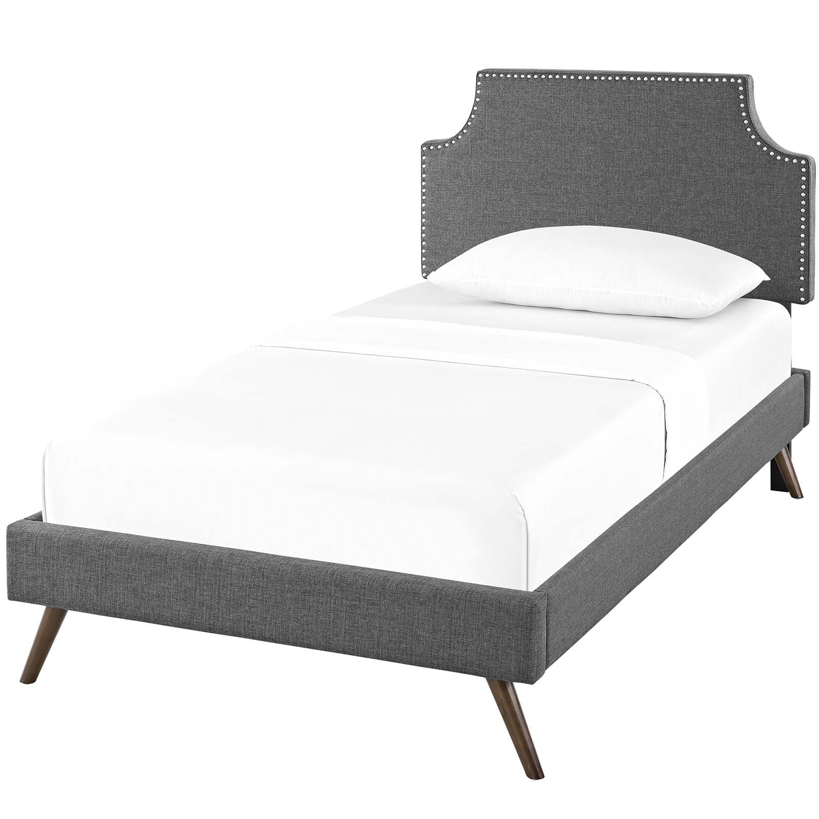 Modern Contemporary Urban Design Bedroom Twin Size Platform Bed Frame, Fabric Copper Nail Rivet, Grey Gray