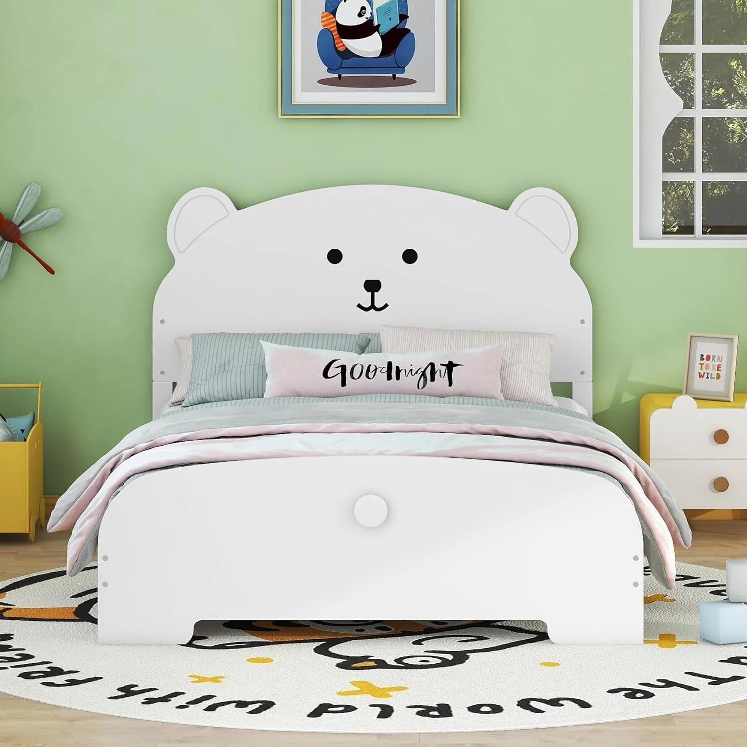 Full Size Kids Bed, Wood Platform Bed With Bear-Shaped Headboard And Footboard For Kids, Teens, Boys & Girls,No Box Spring Needed(White)