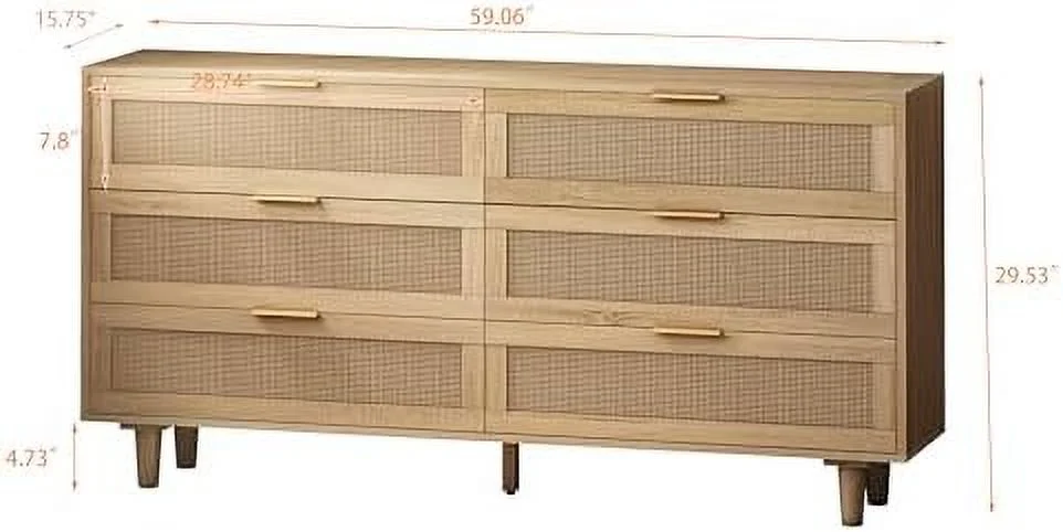 TJUNBOLIFE Rattan 6 Drawer Dresser  Wood Dresser Chest with Wide Rattan Drawers  Modern  Chest of Drawers for Bedroom Living Room Hallway Entryway  59 inches Wide (Natural Color)