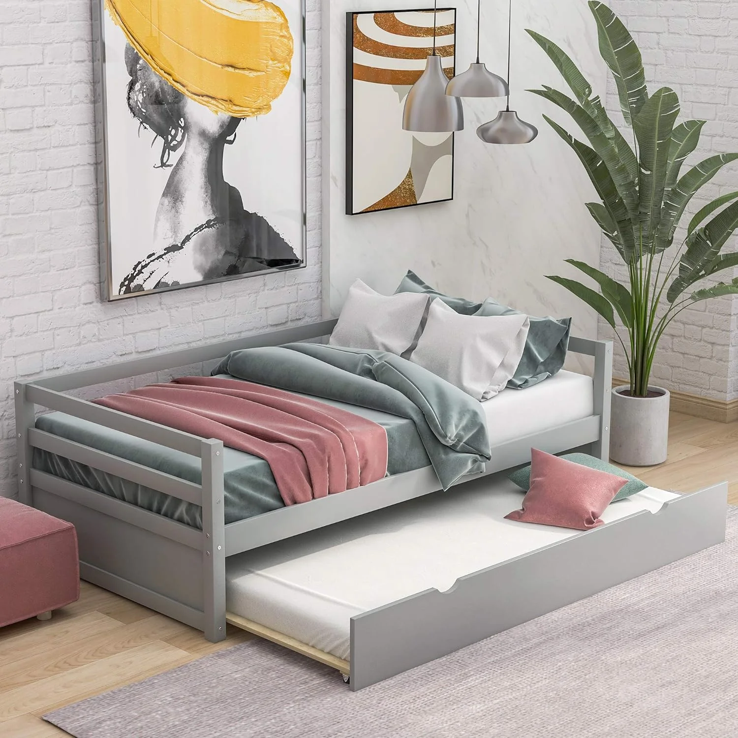 Size Daybed With Trundle, Wooden Daybed Frame Size, For Bedroom Living Room, Gray