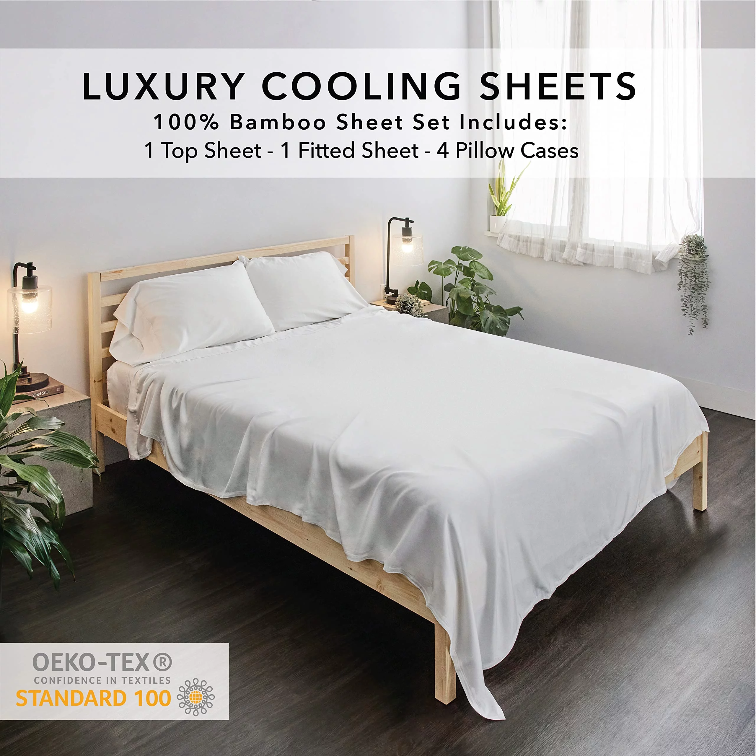 Bamboo Bay Luxury Bamboo Sheets Queen Size, Great Cooling Sheets, Ultra Soft Sheets, 100% Organic, Deep Pockets, 4 Piece, White