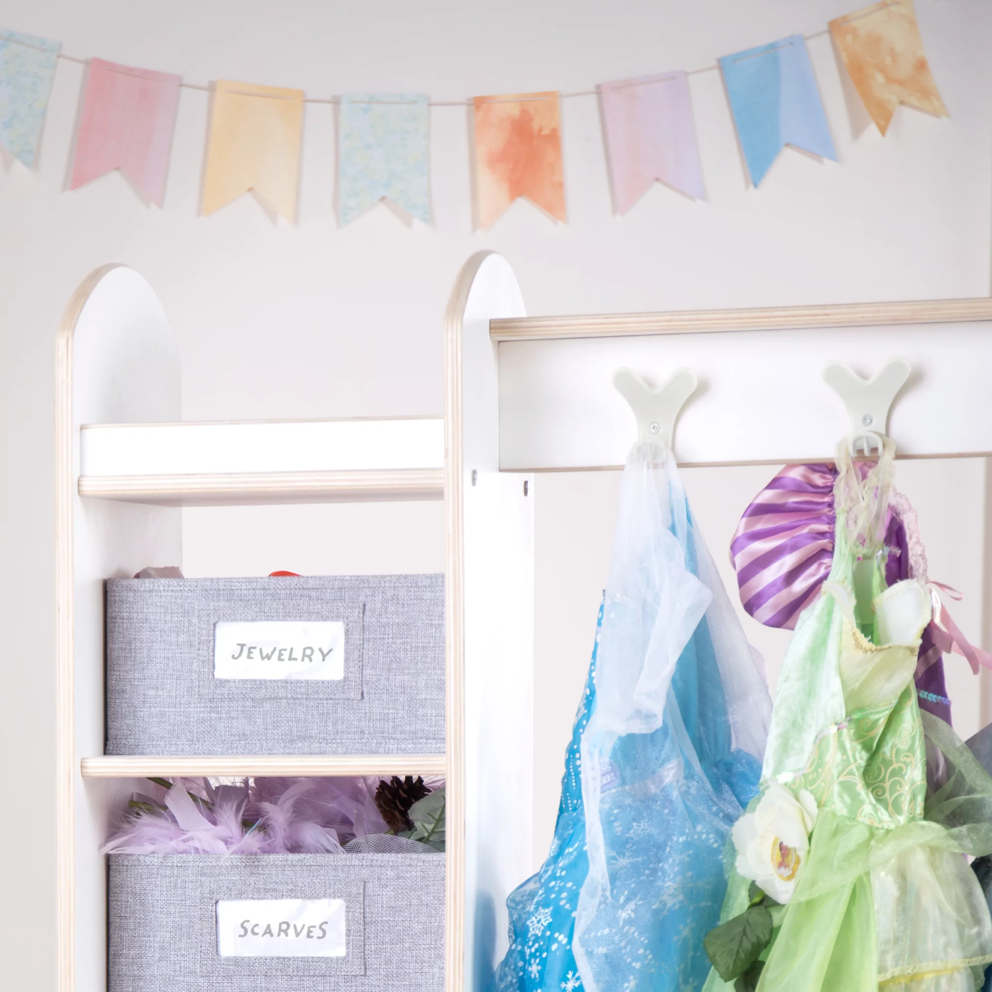Guidecraft EdQ Dress-up Storage with Bins White: Dresser with Mirror and Safe Hooks, Storage Armoire for Kids - Costume Organizer, Children Playroom Furniture