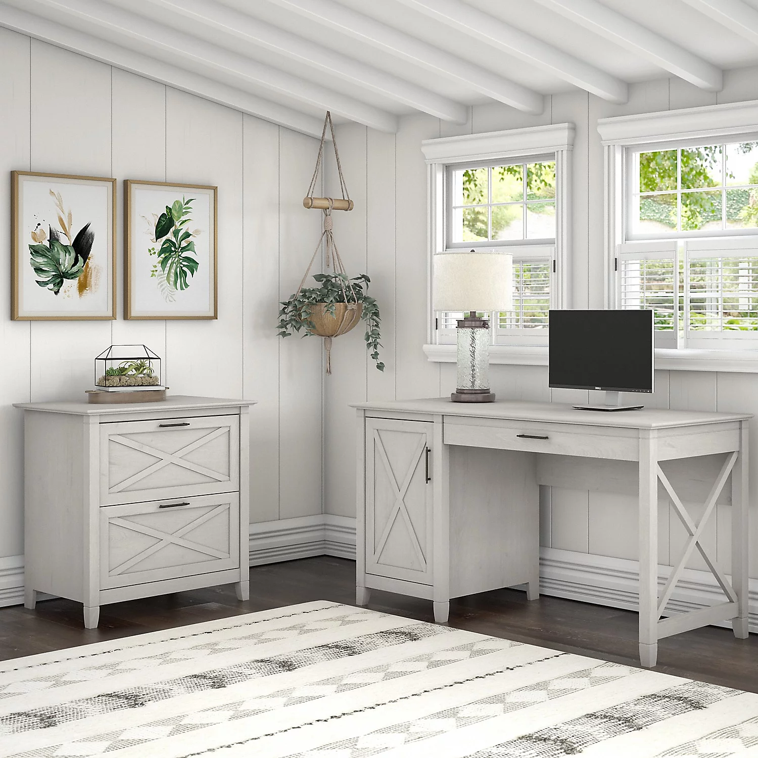 Key West 54W Computer Desk with Lateral File Cabinet in White - Engineered Wood
