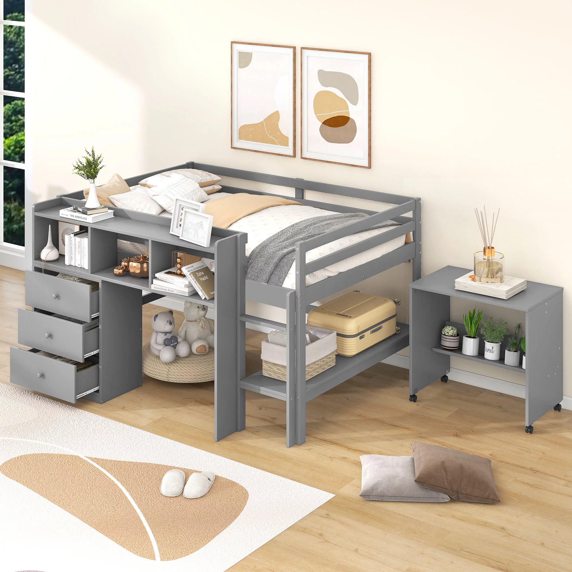 CoSoTower Full Size Low Loft Bed with Rolling Portable Desk, Drawers and Shelves, Gray