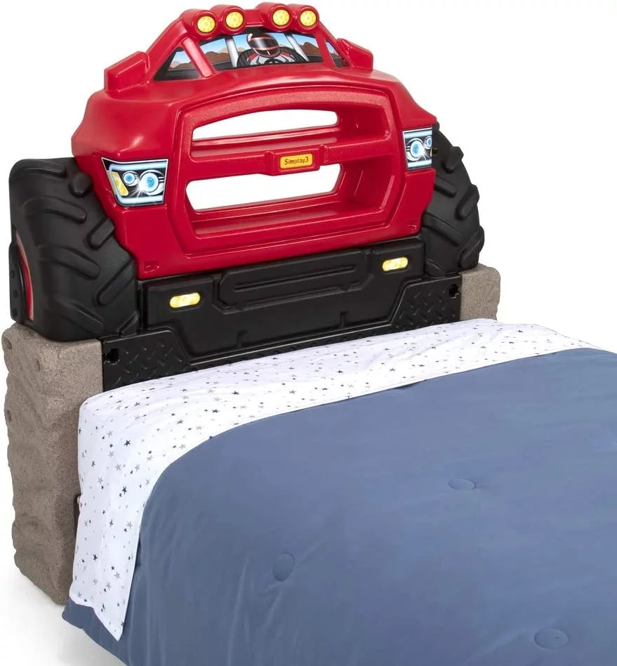 Monster Truck Headboard, Twin Size Plastic Car Bed Headboard for Kids, Toddlers and Boys with Toy Car Storage - Red, Made in USA