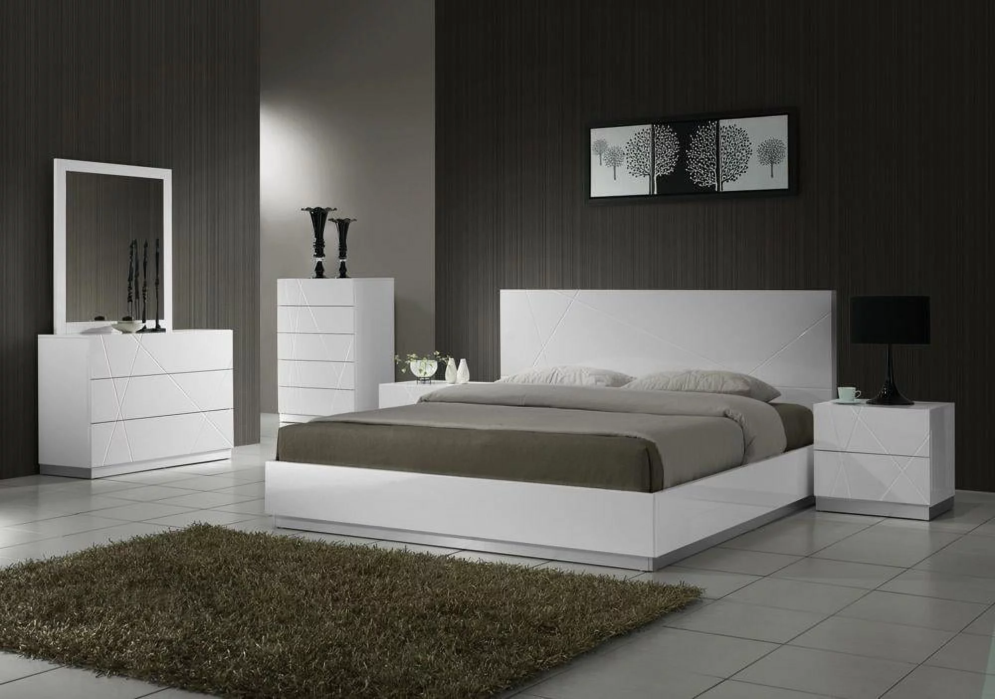 White Lacquer Finish Platform Queen Size Bedroom Set 5Pc J&M Naples Contemporary