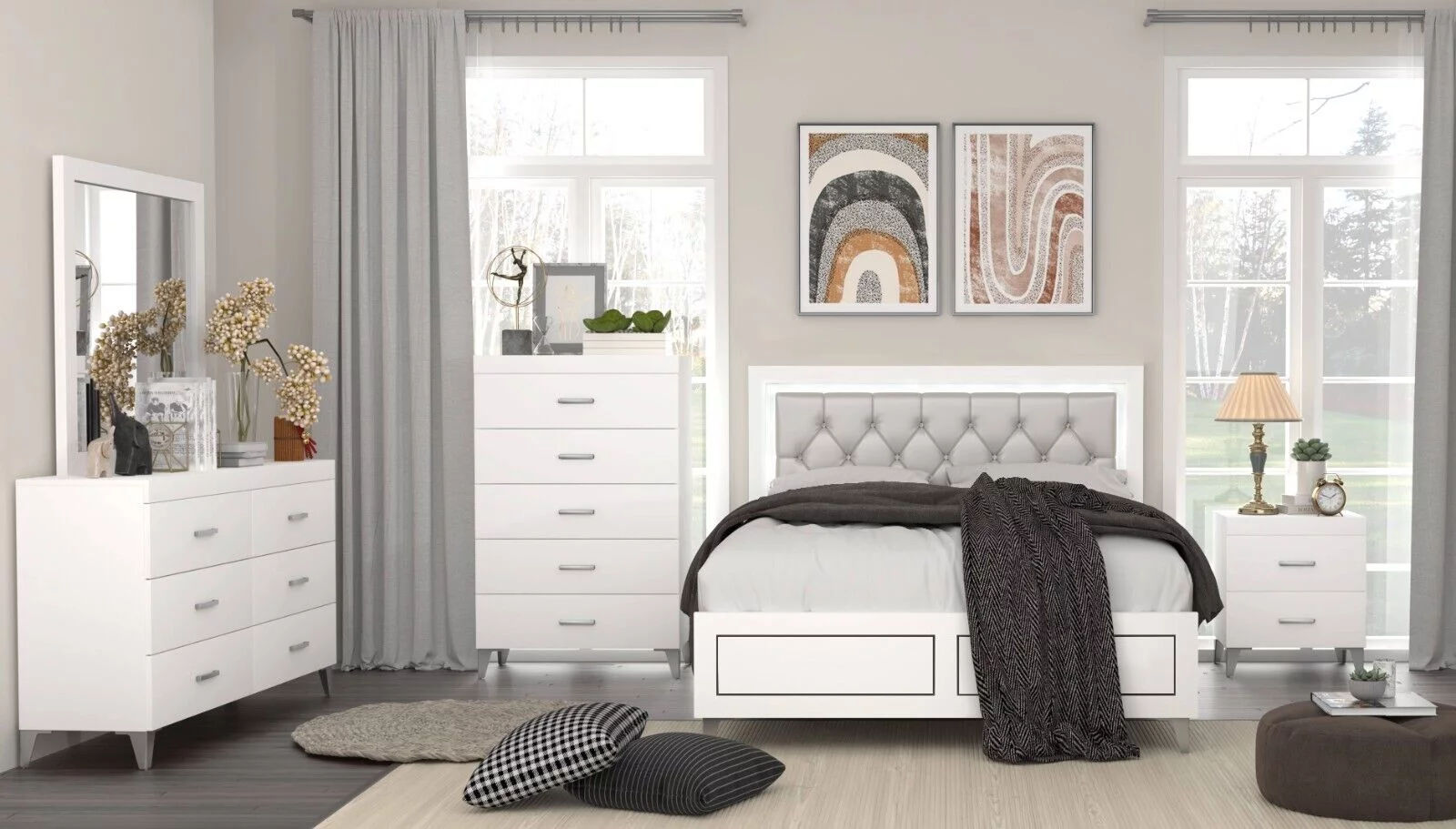 White Finish Stylish Bedroom 4pc Set Eastern King Bed Button-Tufted LED Headboard Nightstand Dresser Mirror