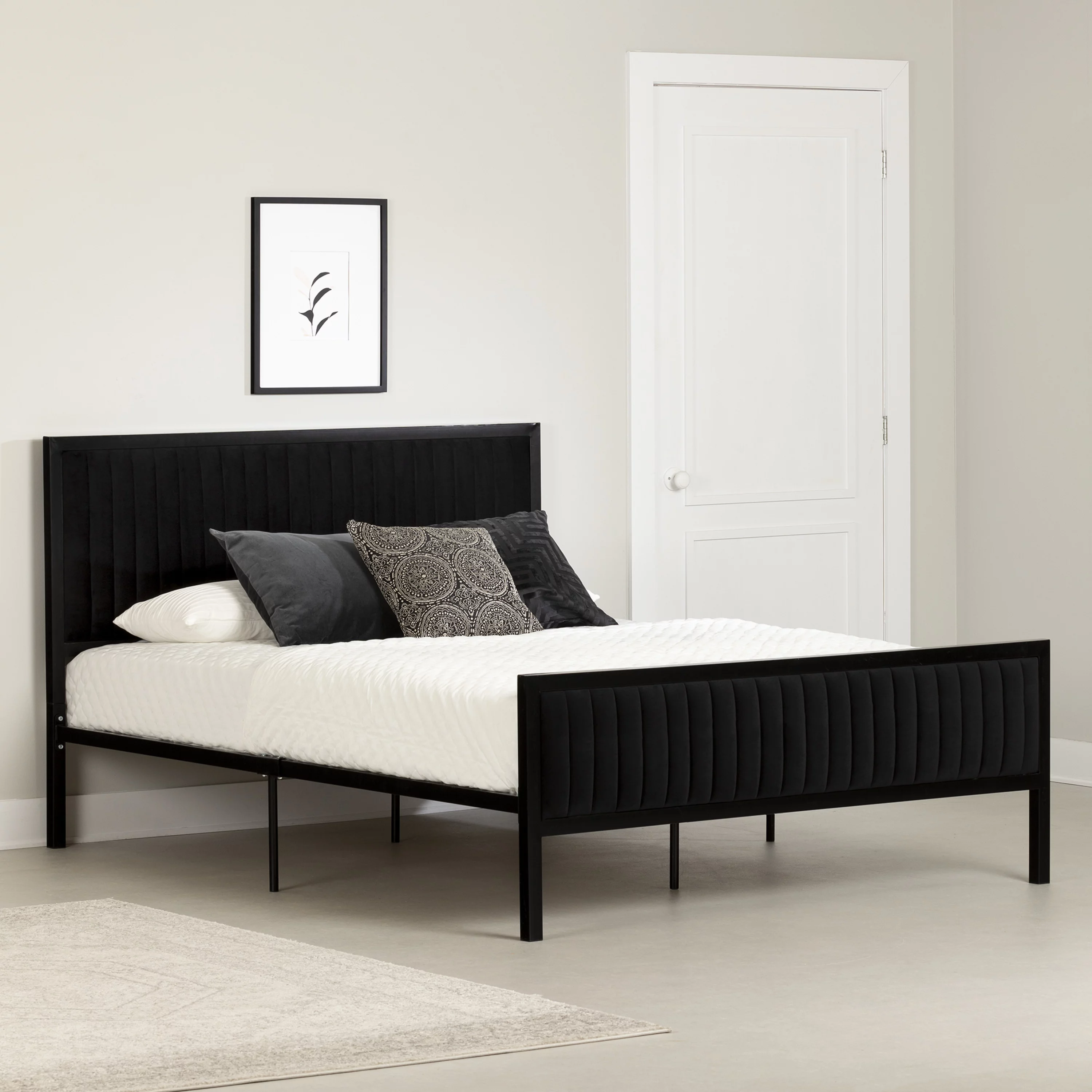 Maliza Upholstered Queen Metal Bed, Black