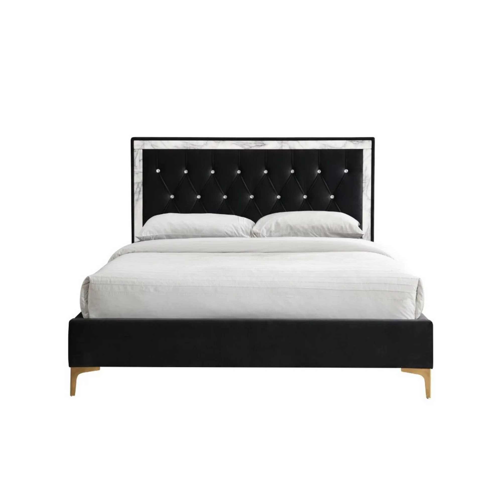 Queen Bed with Button Tufts and Faux Marble Trim, Black
