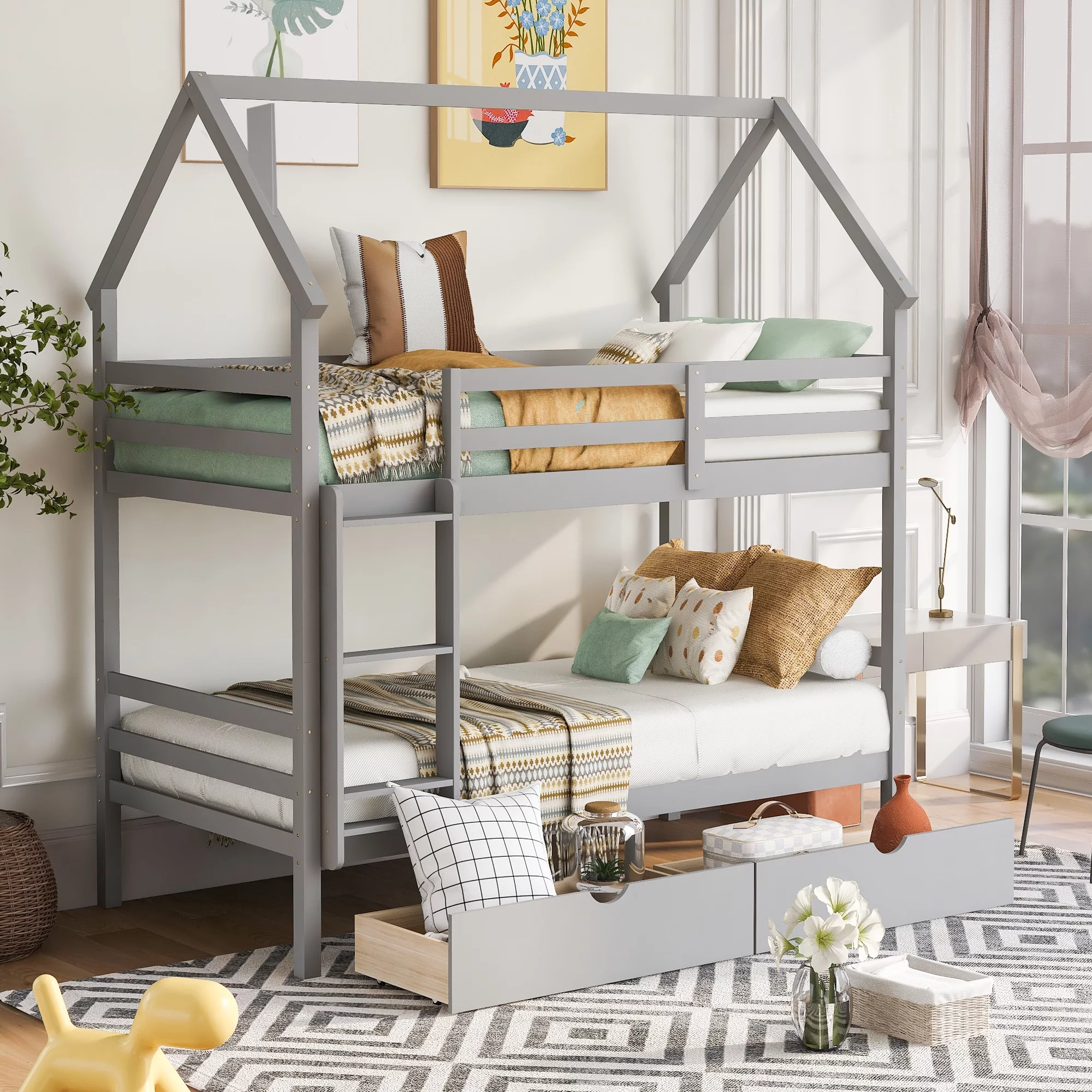 Twin Over Twin Wood Bunk Bed with Two Drawers and Chimney Design, Converts into 2 Separate Platform Beds, Wood Frame House Bunk Bed for Kids, No Box Spring Needed