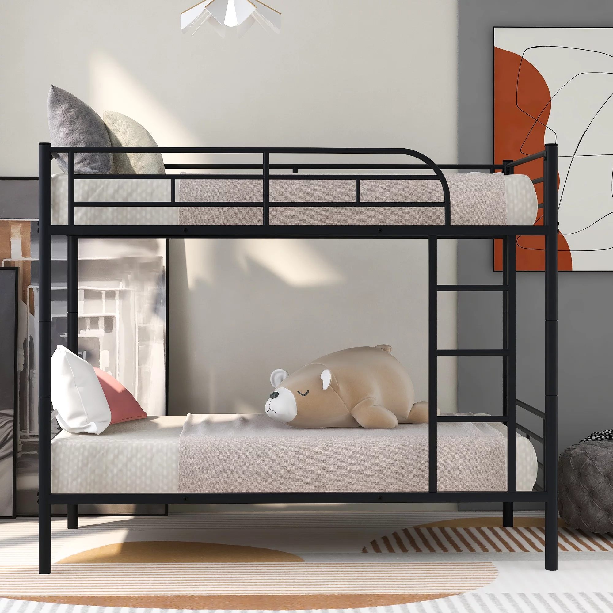 Twin Over Twin Metal Bunk Beds with Ladders,Twin Bunk Bed with Full-Length Guardrail for Dormitory Bedroom, Noise Free, No Box Spring Needed(Twin Bed,Black)