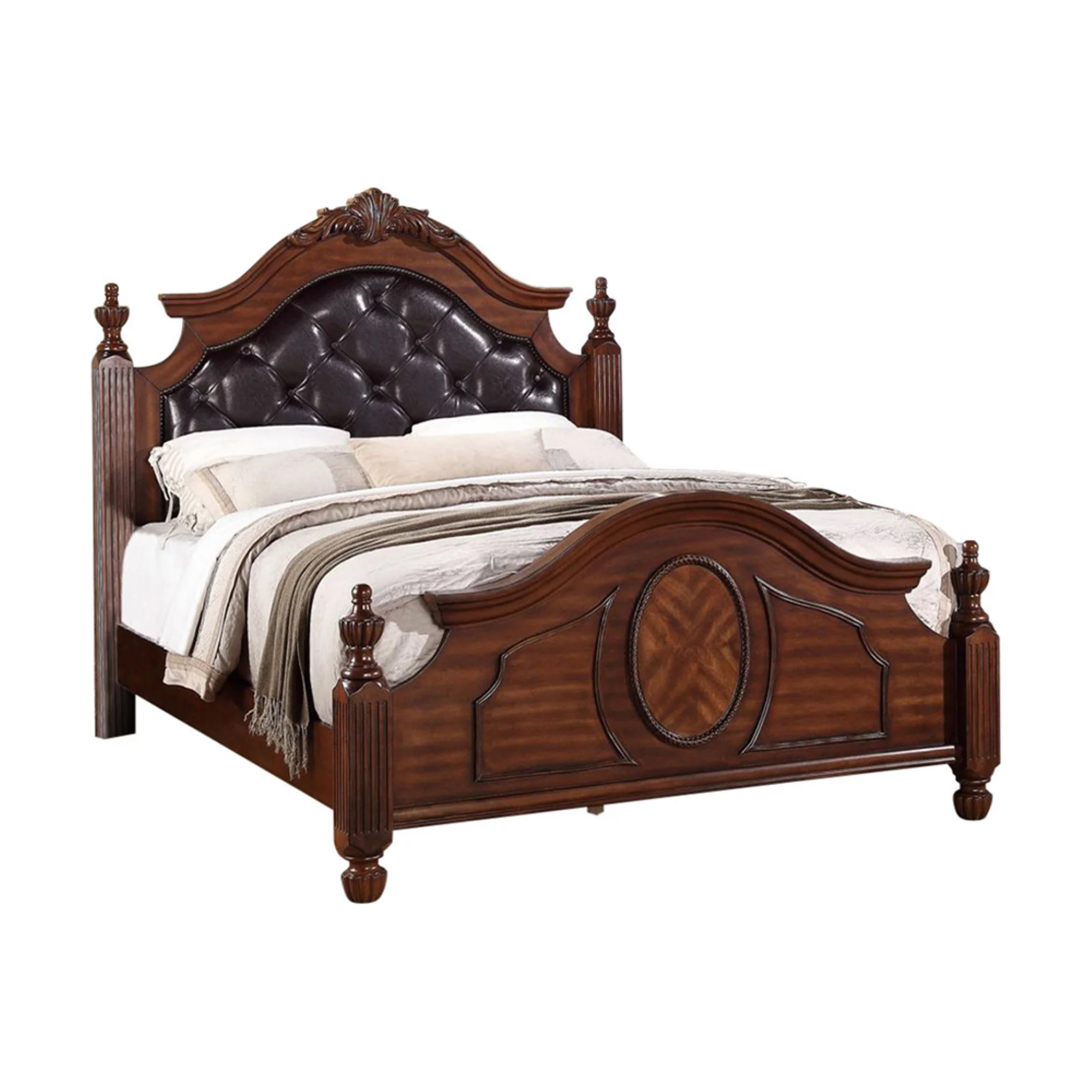 Transitional Wooden E.King Bed With PU HB & Circular Floral Design, Cherry Finish