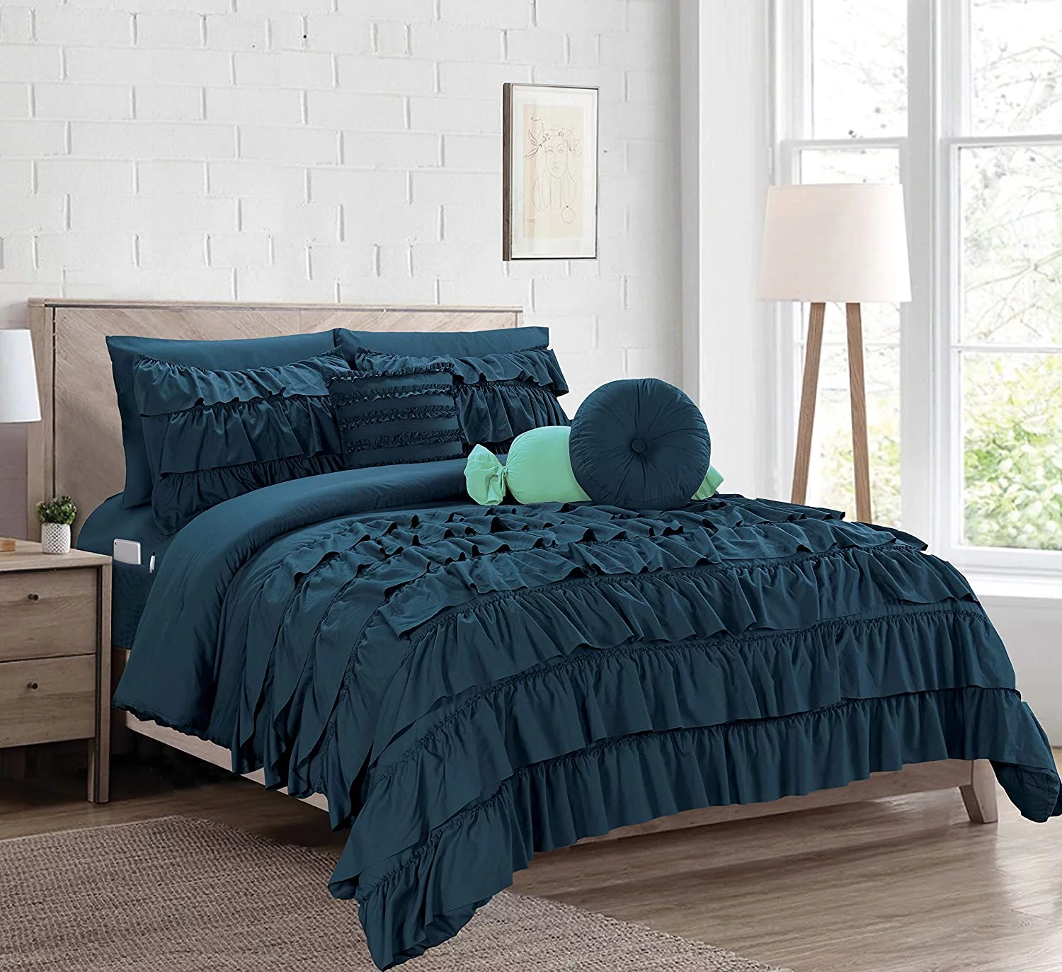 10-Pieces Cindyrealla Multiruffle Comforter Set, Includes Bed Sheet Set with Double Sided Smart Storage Pockets, King/Cal King, Navy Blue