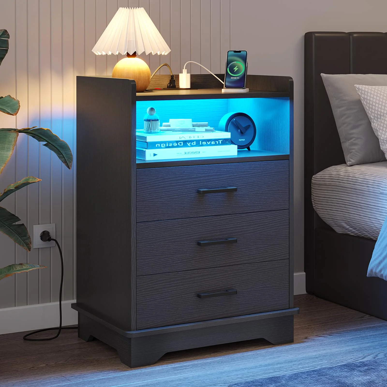 Tall Night stands with Drawers and Open Storage,LED Nightstand with Charging Station,End Side Table with USB Ports, Bedside Table for Bedroom, Black