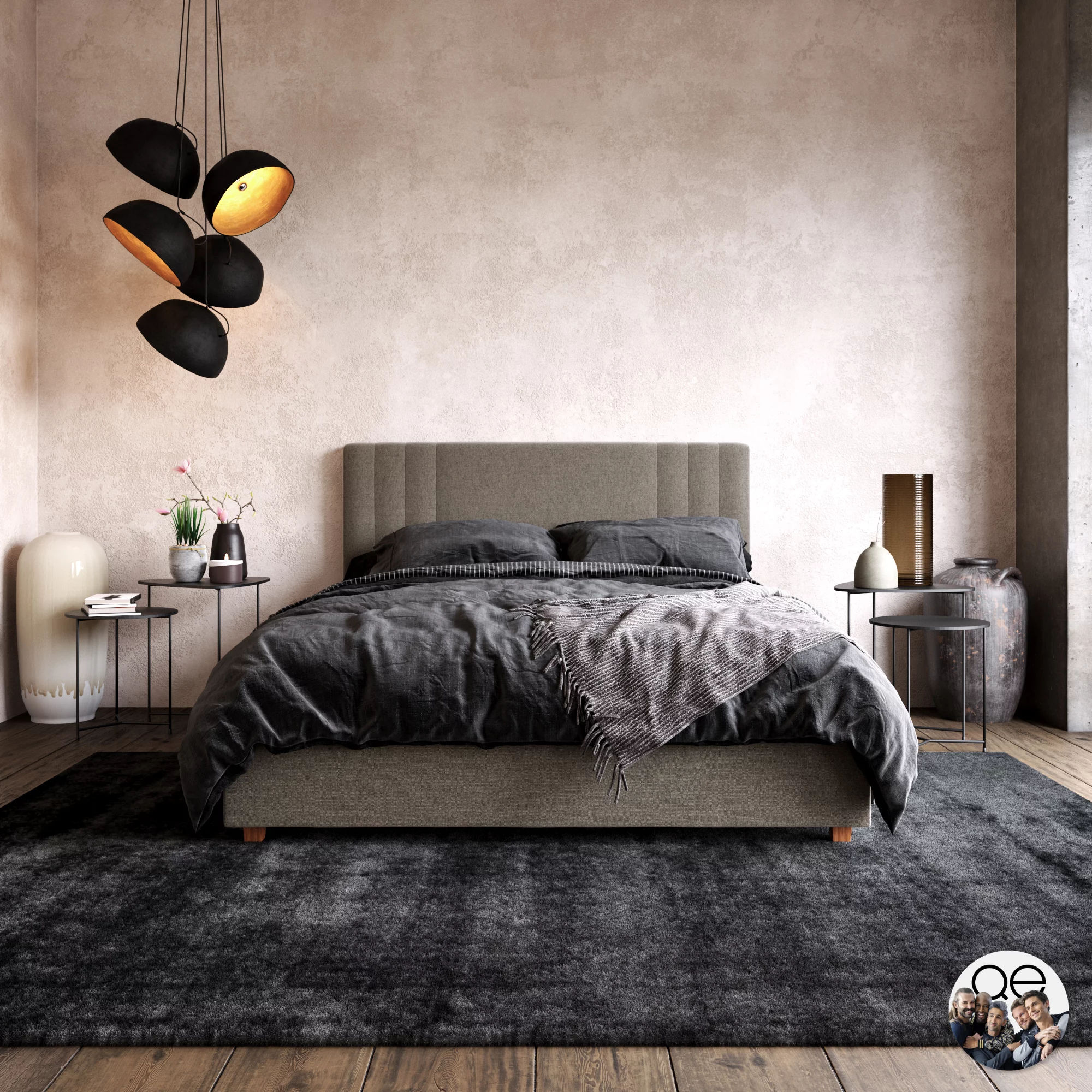 Queer Eye Wynn Upholstered Bed with Headboard and Frame, Bedroom Furniture, Light Gray Linen, Full size