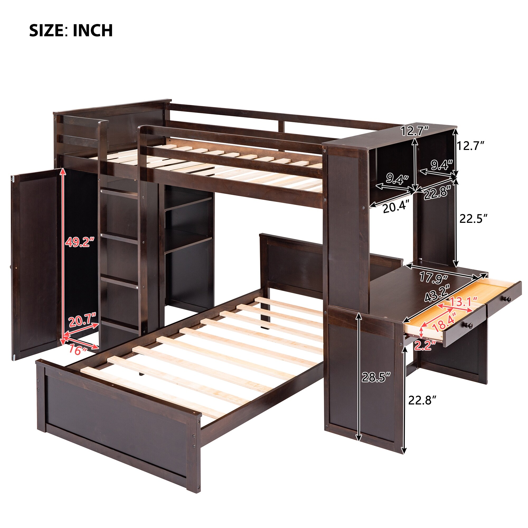 Nestfair Twin Size Solid Wood Loft Bed with Desk and Wardrobe Espresso