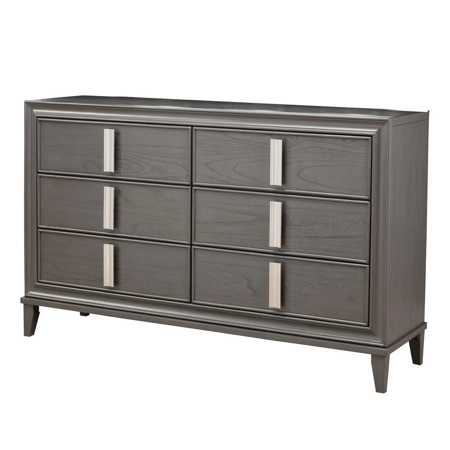 6 Drawer Transitional Style Wood Dresser with Metal Pulls Gray