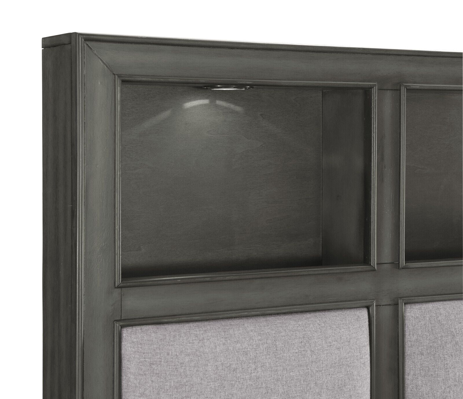 Transitional Style Platform Bed Queen Size w Footboard Storage USB Port Bookshelves LED Light Headboard Modern Furniture