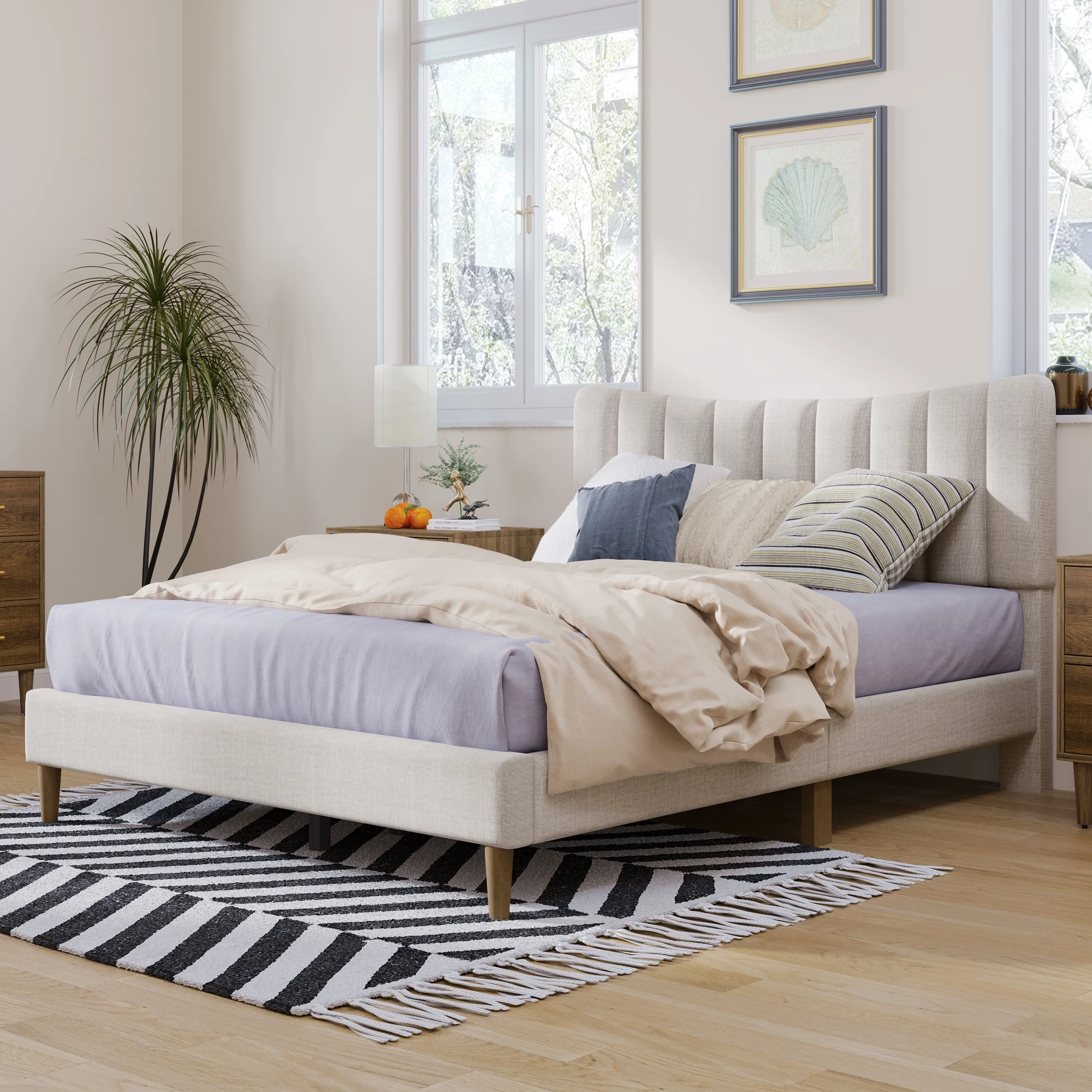 Gewnee Upholstered Queen Platform Bed Frame with Tufted Headboard and Solid Wood Legs,Beige