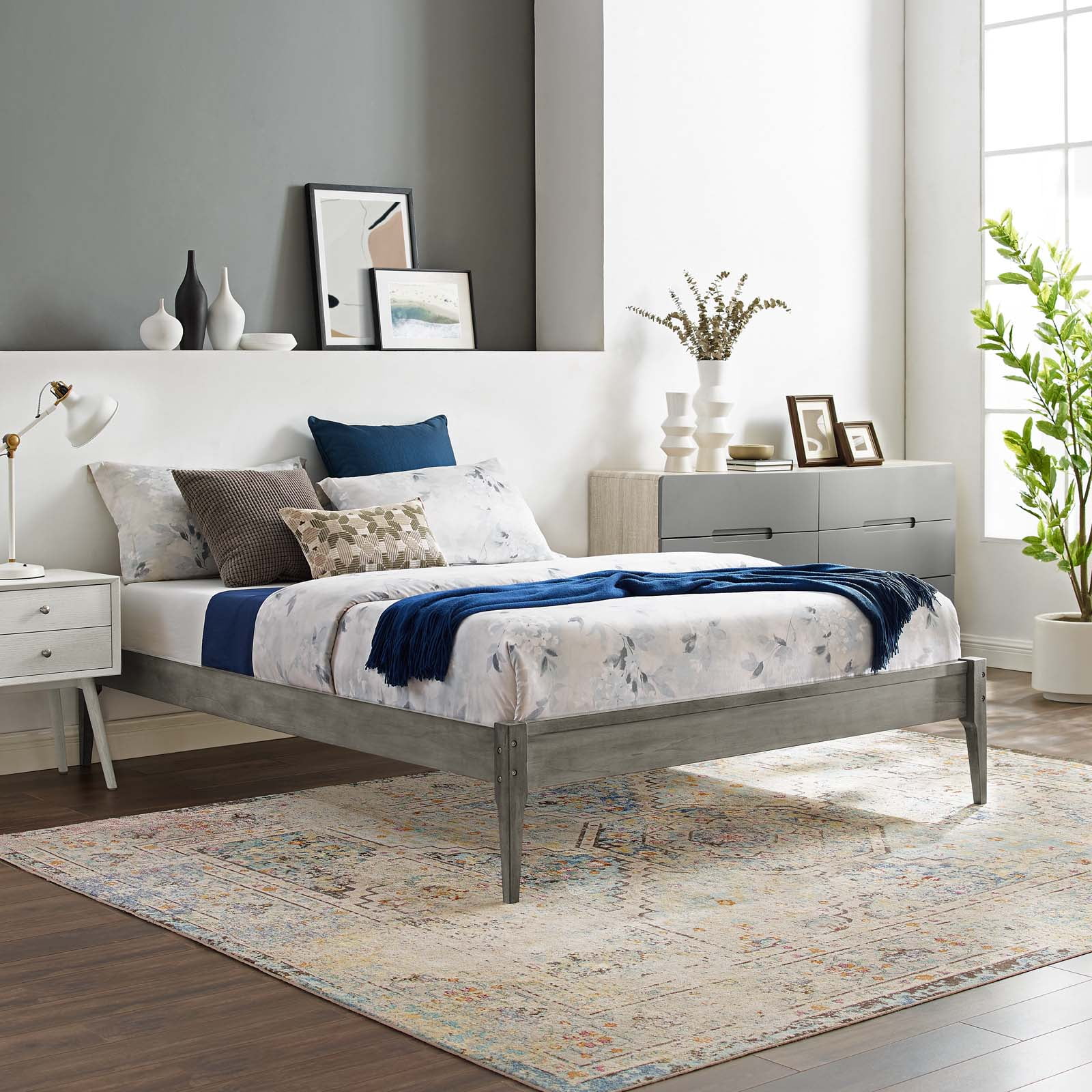 Platform Bed Frame, Queen Size, Wood, Grey Gray, Modern Contemporary Urban Design, Bedroom Master Guest Suite