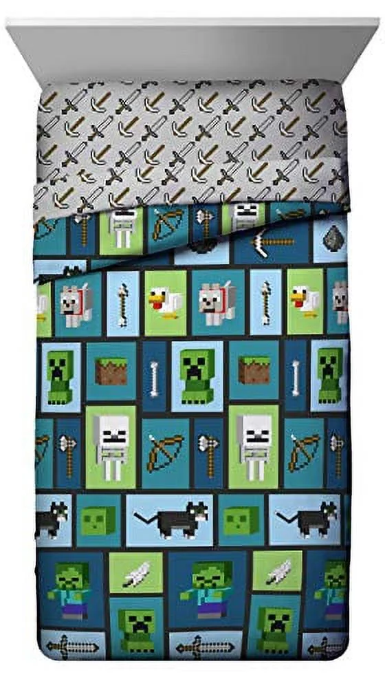Minecraft Green/Blue Collage Kids Bed-in-a-Bag Bedding Set w/ Reversible Comforter, Gaming Bedding