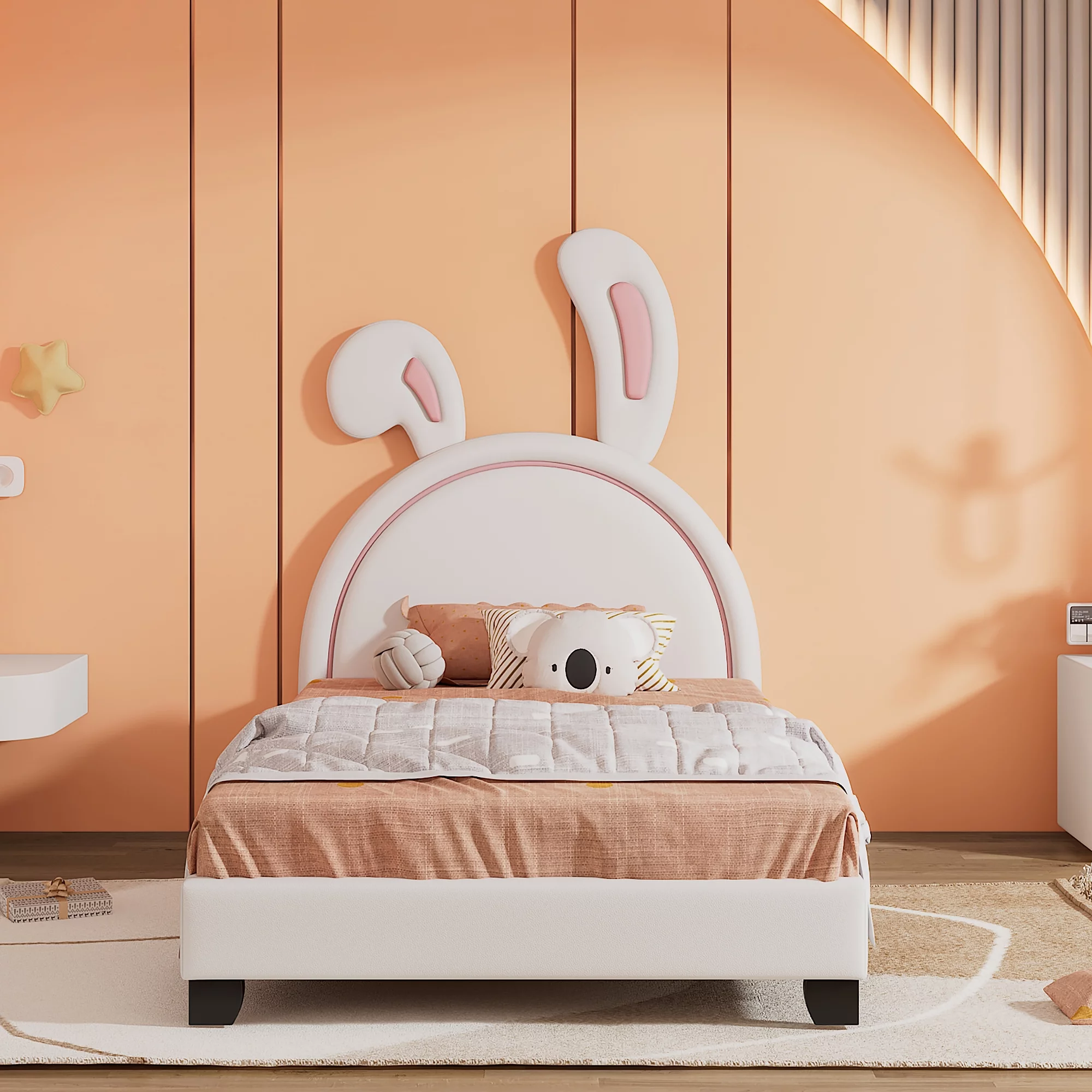 Kids Twin Size PU Leather Upholstered Platform Bed with Rabbit Ornament and Wood Bed Frames, White