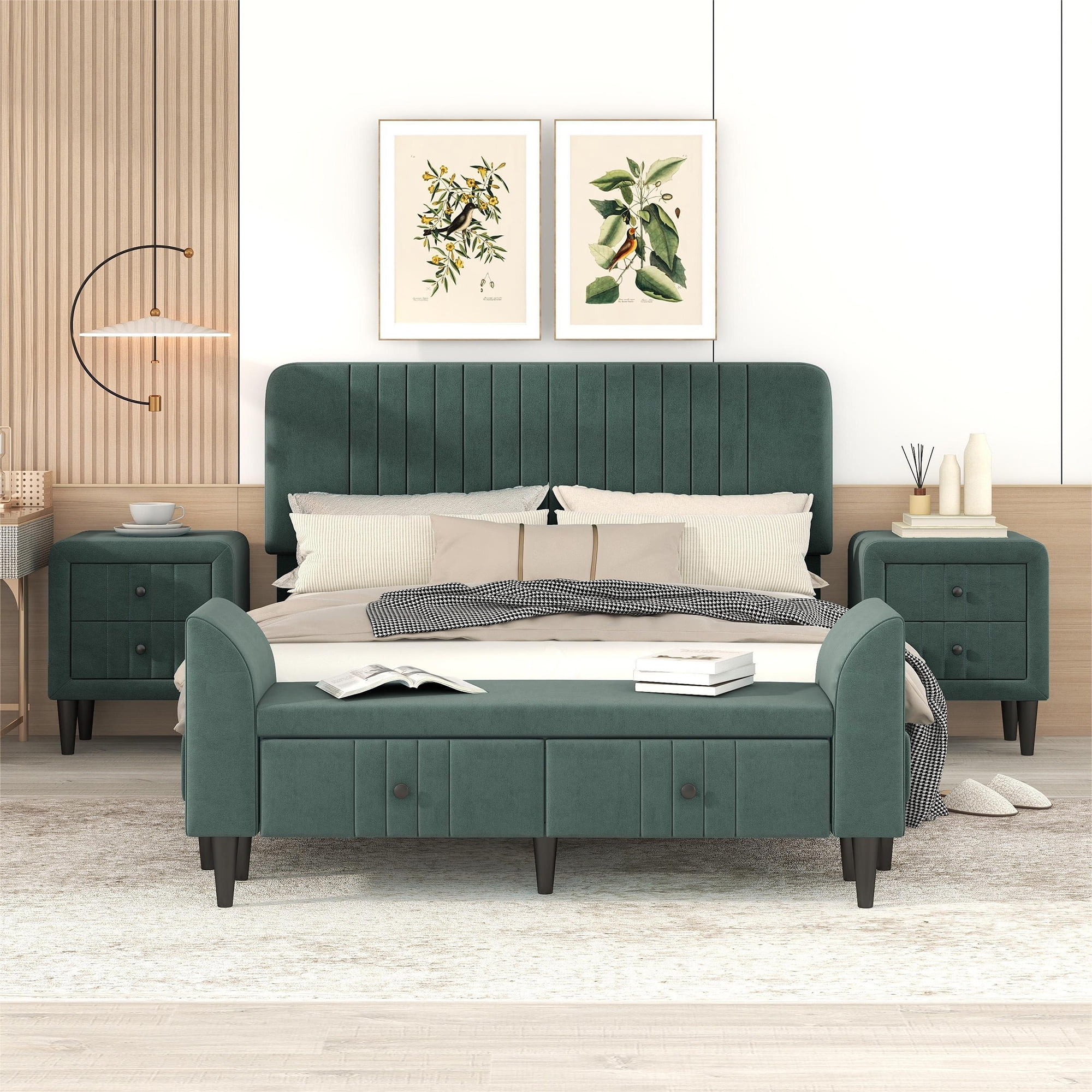 CoSoTower 4-Pieces Bedroom Sets Queen Size Upholstered Platform Bed with Two Nightstands and Storage Bench-Green
