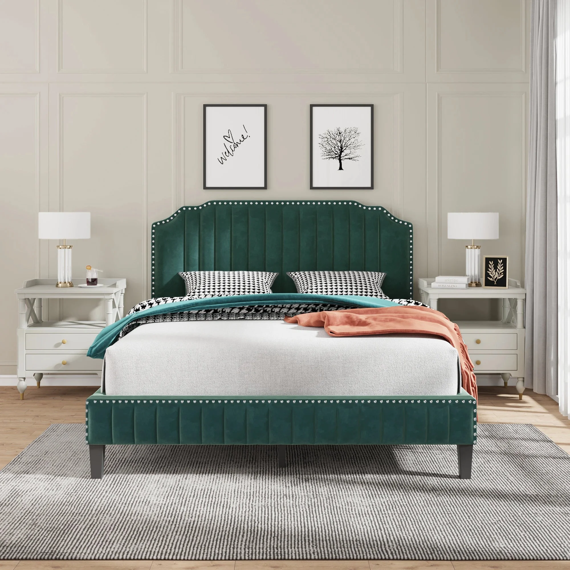 3 Pieces Bedroom Set Modern Linen Curved Upholstered Beige Platform Queen Bed with Two Black Cherry Nightstands
