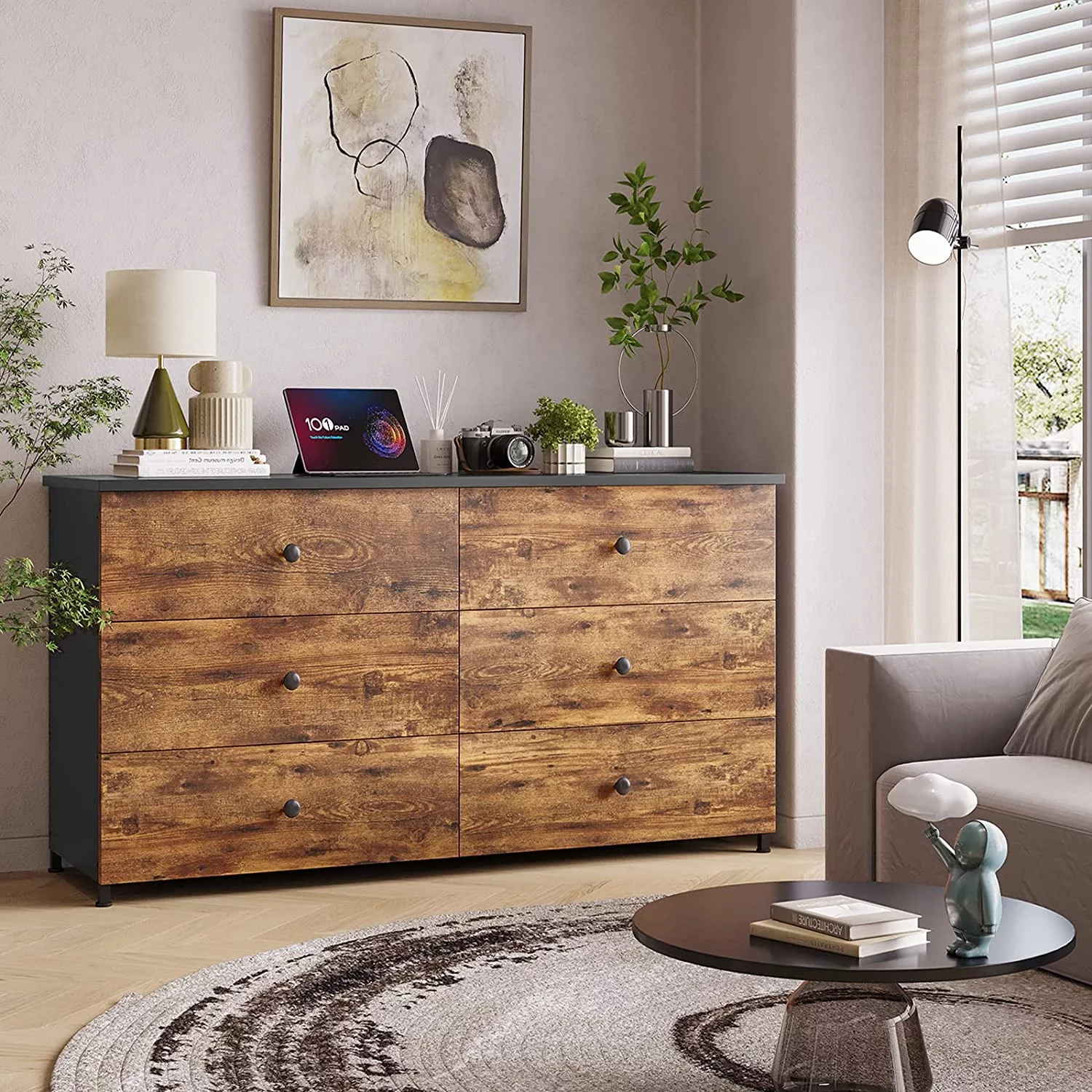 6 Drawer Double Dresser, Wooden Dresser with Heavy Sturdy Steel Frame, Large Capacity Chest of Drawers, Rustic Brown
