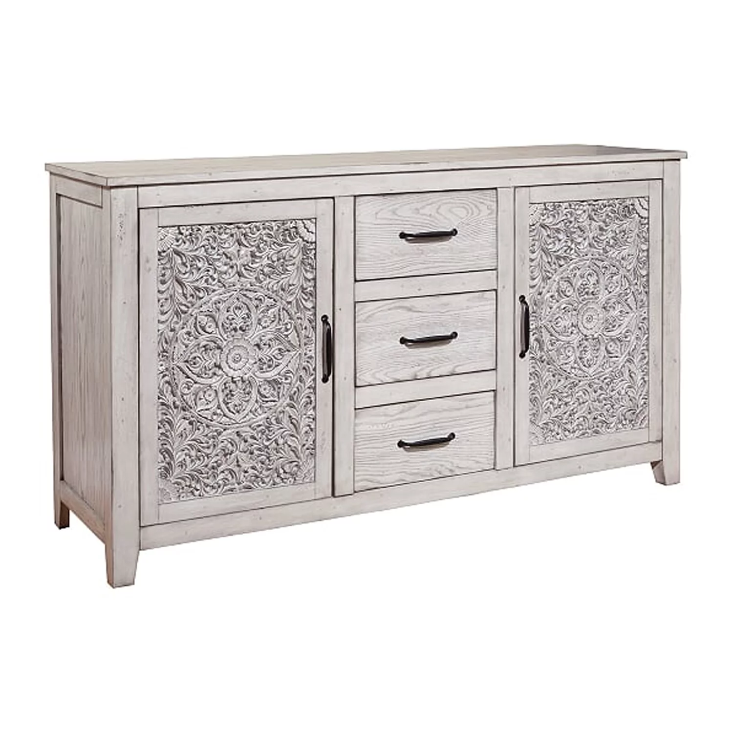 HomeRoots Decor Wooden Dresser with 2 Polyresin Carved Cabinets and 3 Drawers, Gray