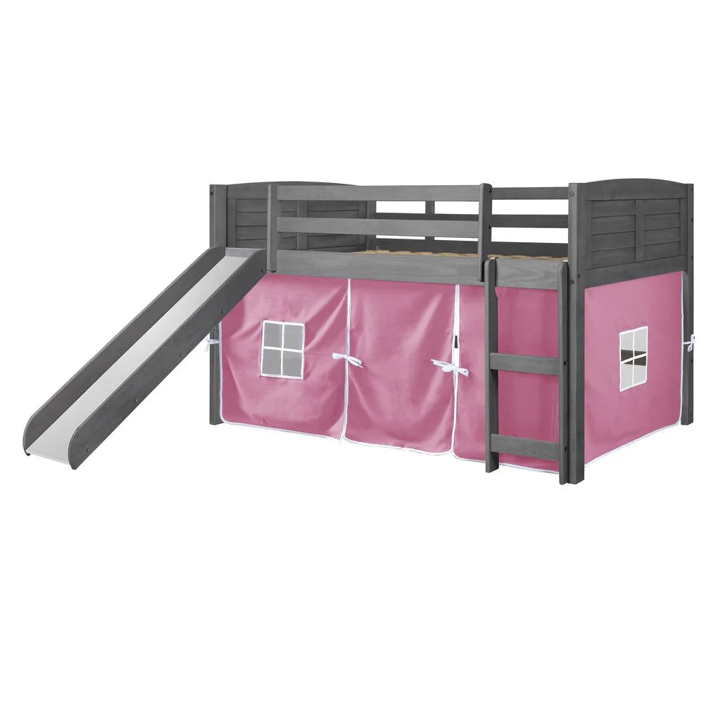 Donco PD-790AAG-P-785AG Twin Size Louver Low Loft with Slide & Pink Tent in Antique Grey