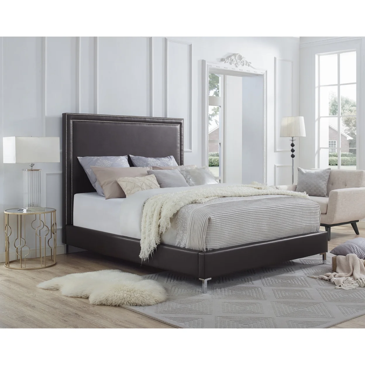 Valentina Leather PU Platform Bedframe-Nailhead Trim-King- Queen- Full- Twin Size-Inspired Home
