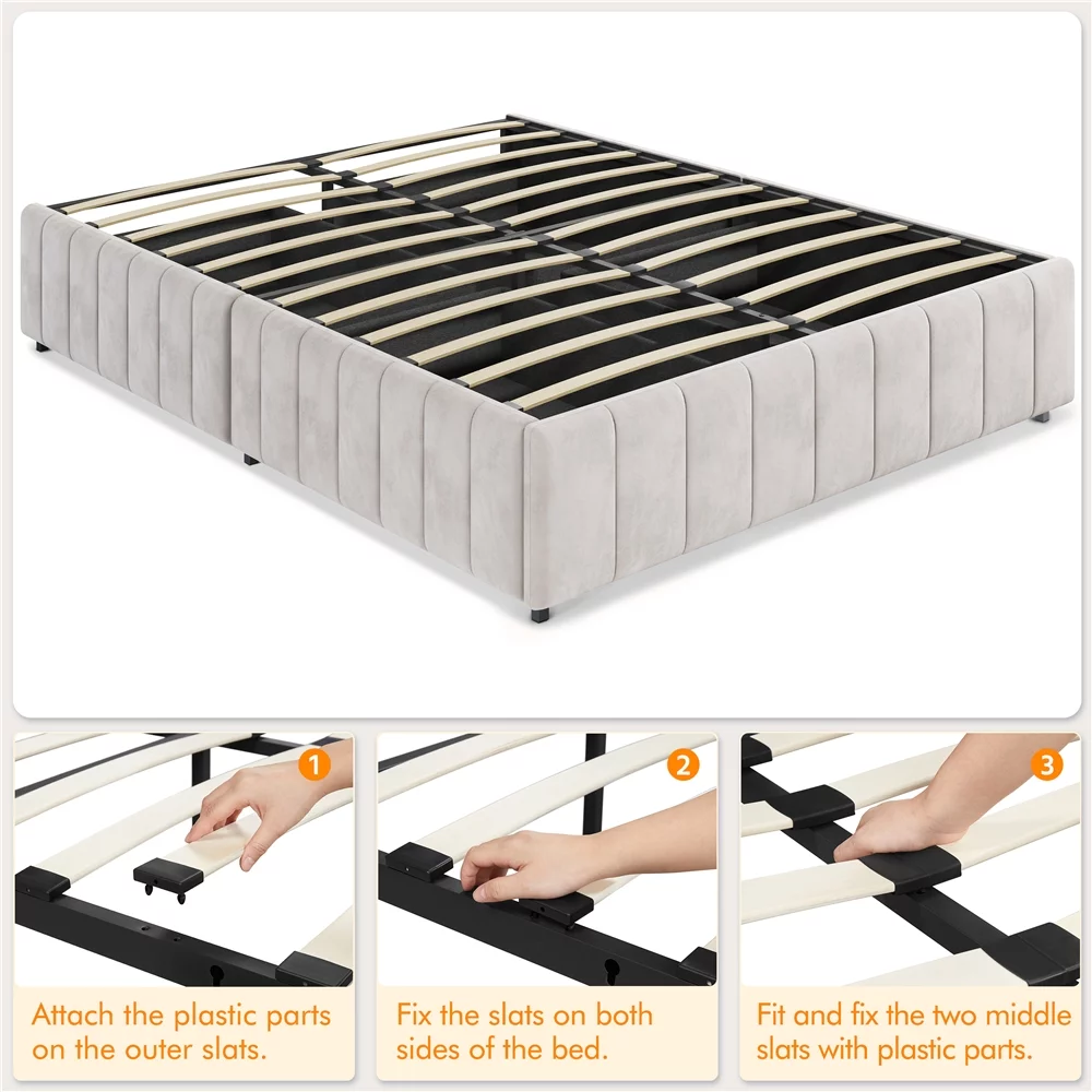 Easyfashion Full Size Upholstered Bed Frame with 4 Storage Drawers, Beige