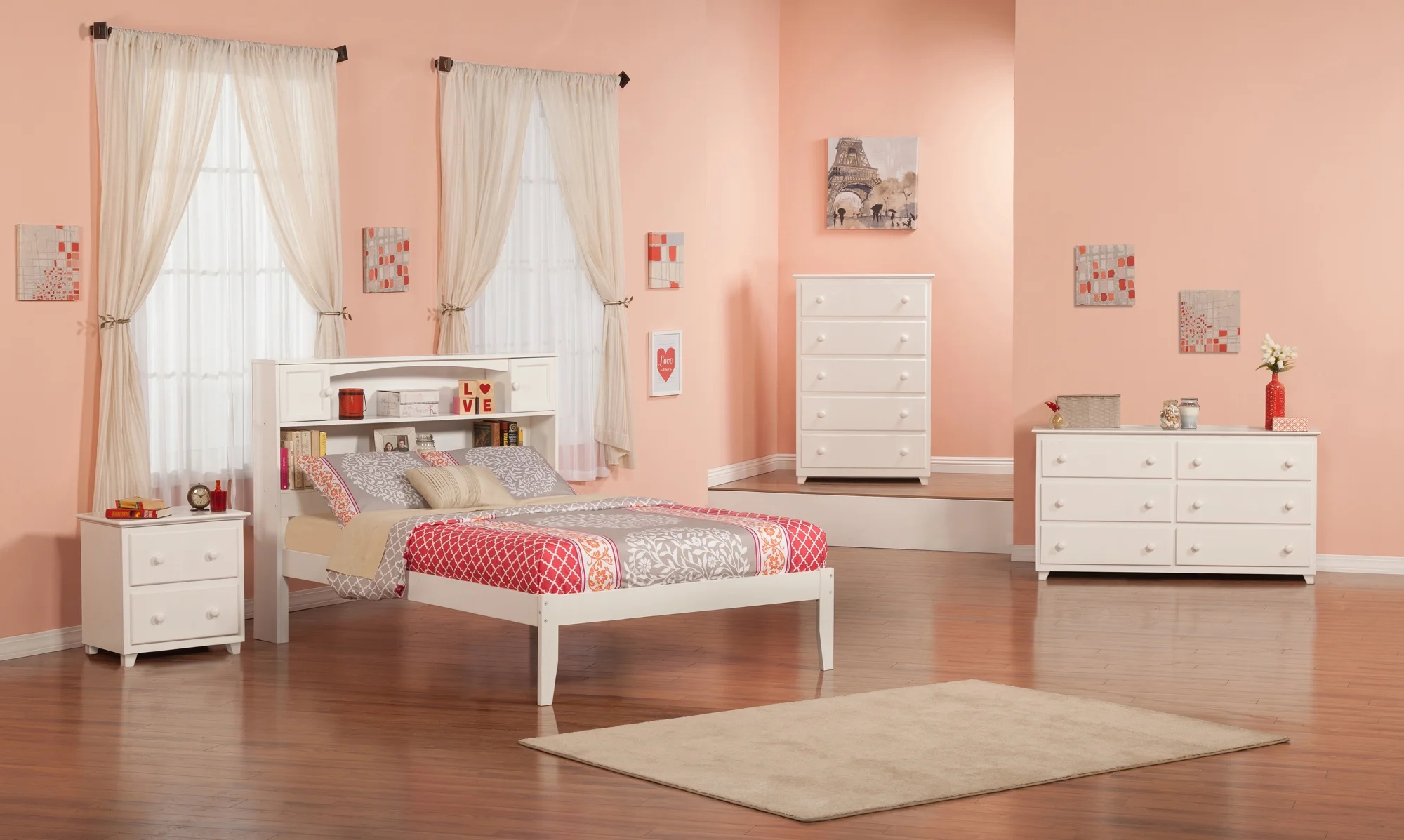 AFI Newport Full Solid Wood Platform Bed with Storage Headboard in White