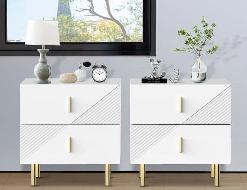 xrboomlife White Nightstand Set of 2 Modern Bedside Table 2 Drawers End Tables Large Side End Table Small Dresser Wood Bedroom Ripple Cabinet Bedroom Organizer