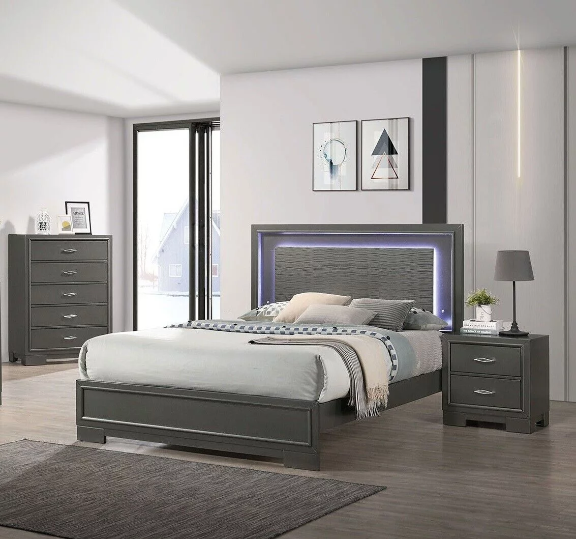 Full Size Bed 2x Nightstand Metallic Grey Bedroom Furniture 3pc Set Bedroom Furniture Textured HB w LED