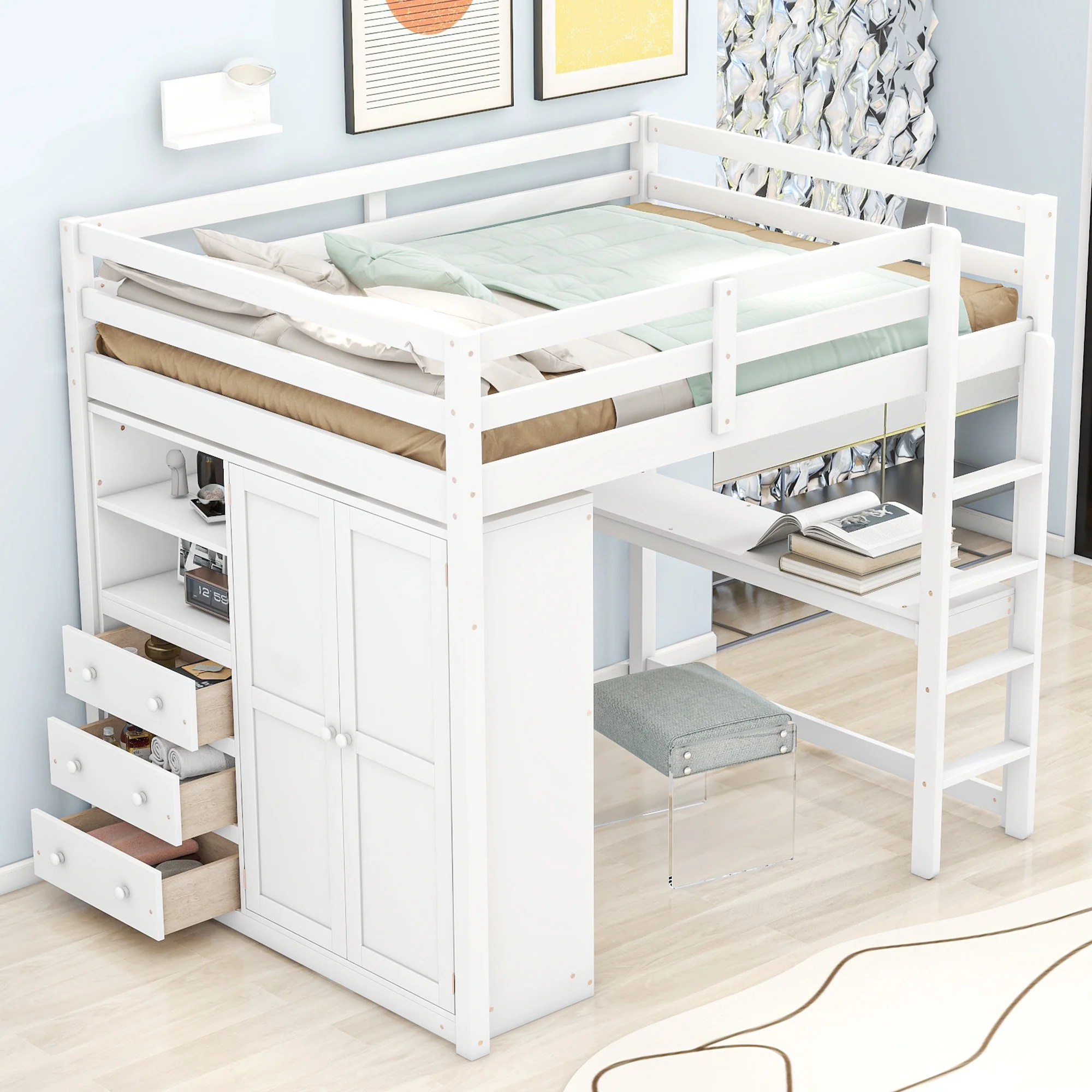 CoSoTower Wood Full Size Loft Bed with Built-In Wardrobe, Desk, Storage Shelves and Drawers, White