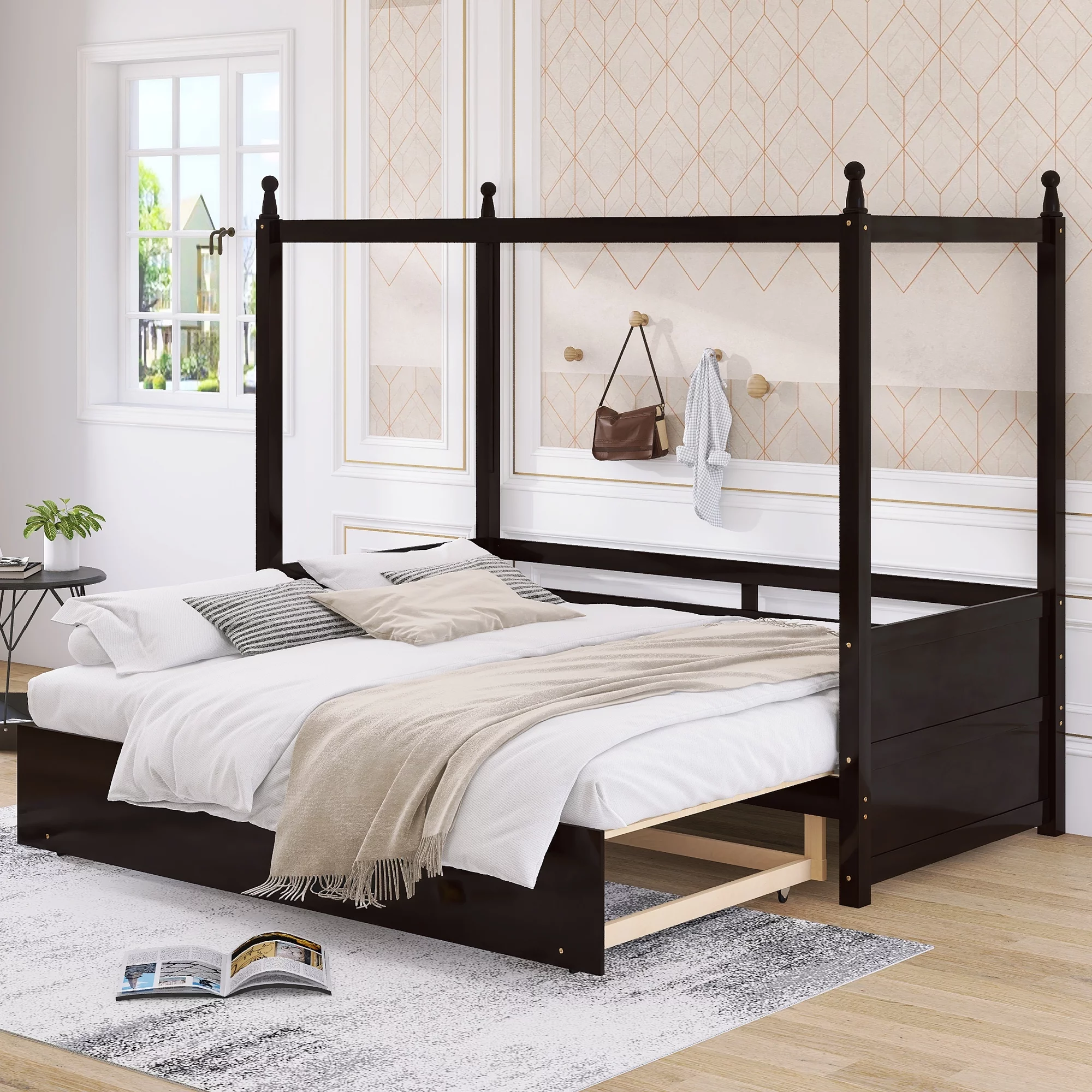 Espresso Pine Modern Bed Frame Double Size Canopy Sofa Bed Pull Out Platform Bed Multifunctional Double Sofa Bed Wood Slats Support Living Room Bedroom