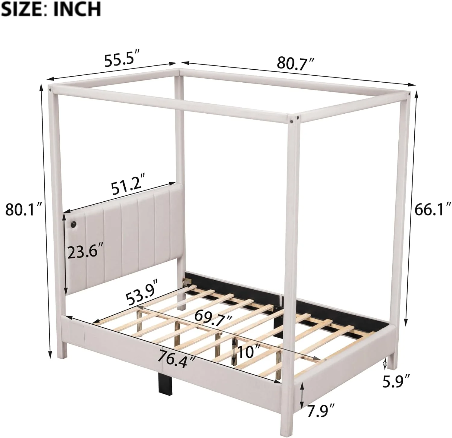 Full Caopy Bed With USB Ad Type-C Ports, Upholstery Full Size Platform Bed Frame With Headboard, Moder 4 Bed For Tees Adults, o Box Sprig eeded,Beige