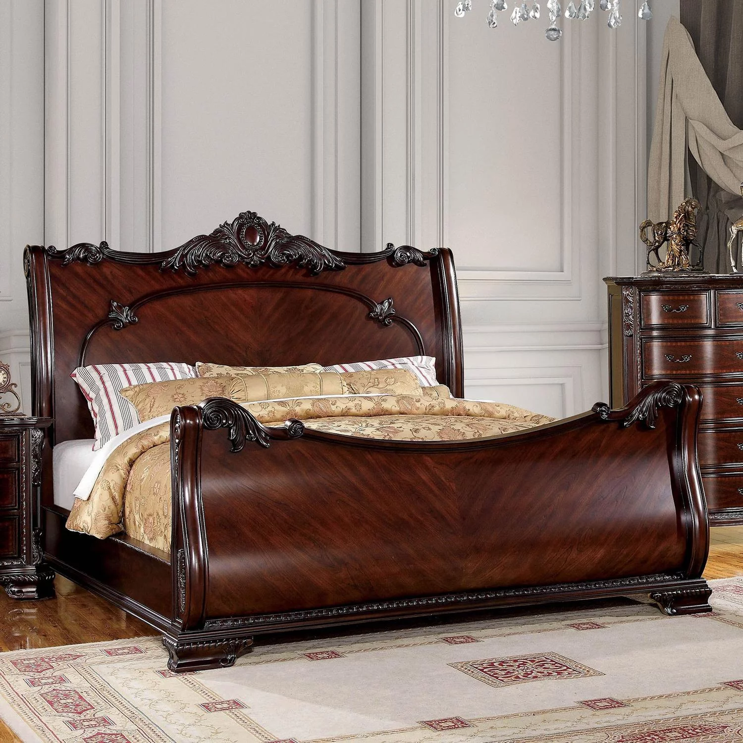 Brown Cherry Solid Wood Queen Bedroom Set 5pcs FOA CM7277-Q Bellefonte