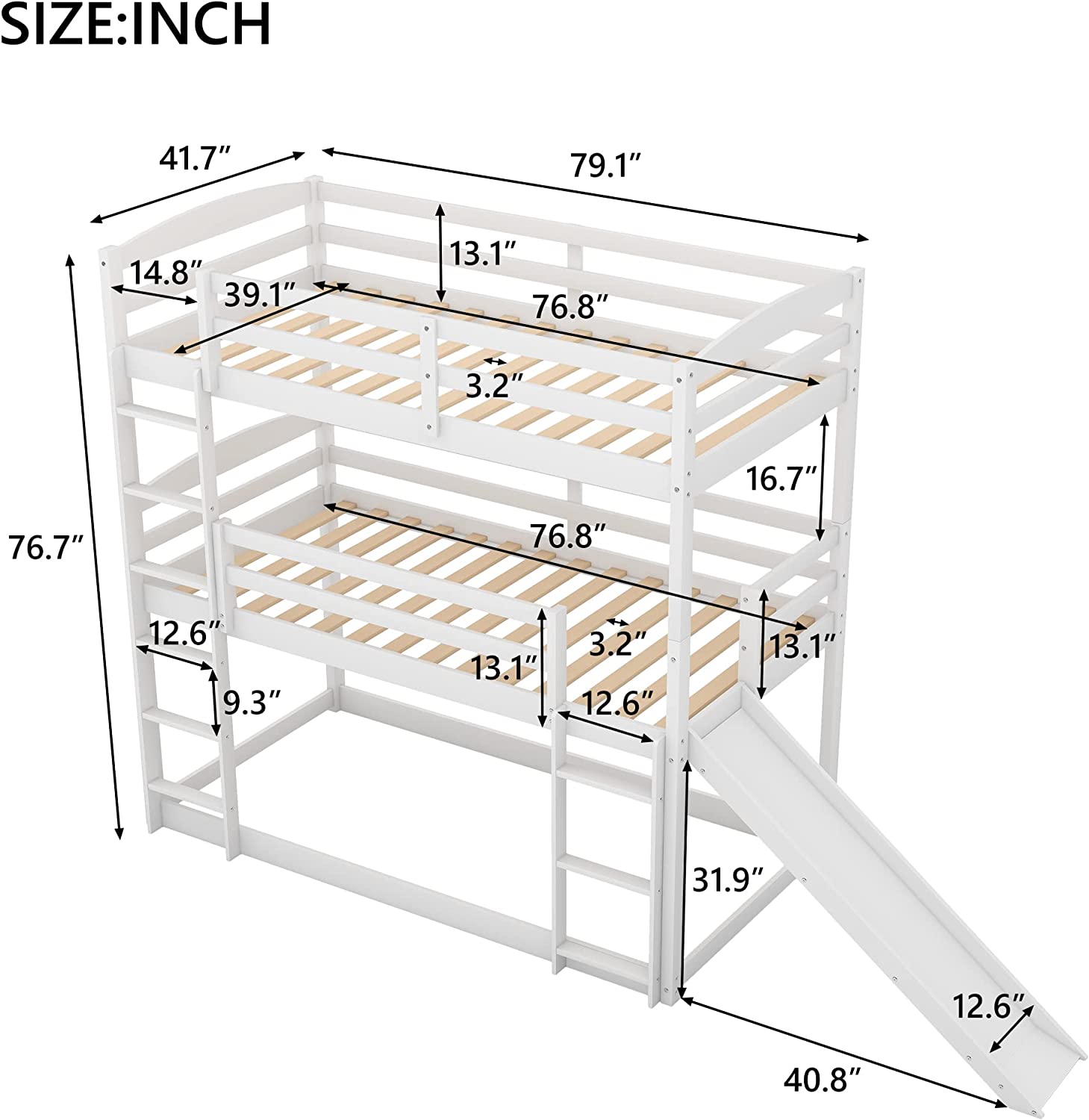 Triple Bunk Bed With Slide, -Over--Over- Triple Bed Frame With Built-In Ladder And Guardrails For Kids (White)